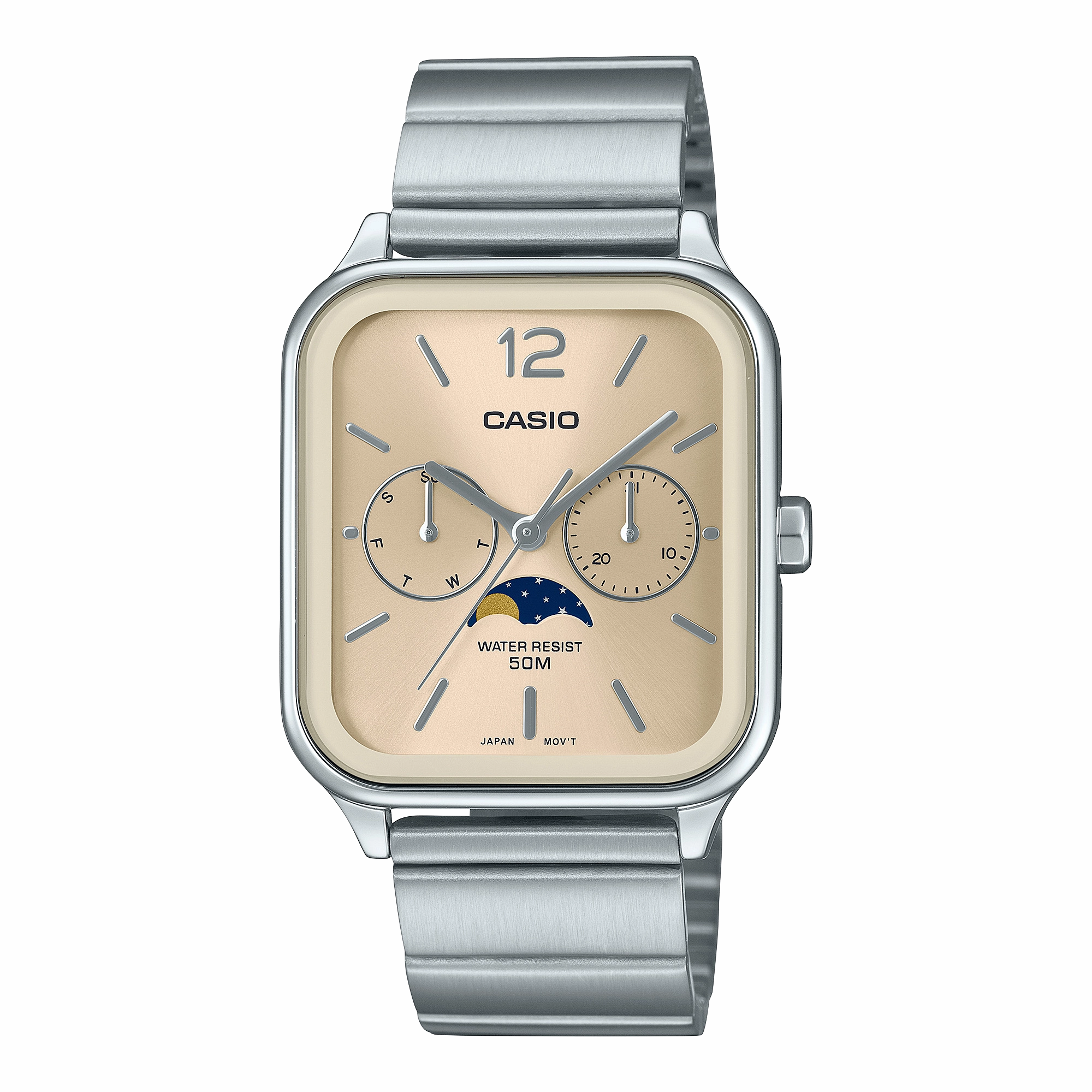 Casio Analogue Moon Phase Gold Dial Stainless Steel Watch MTPM305D-9A