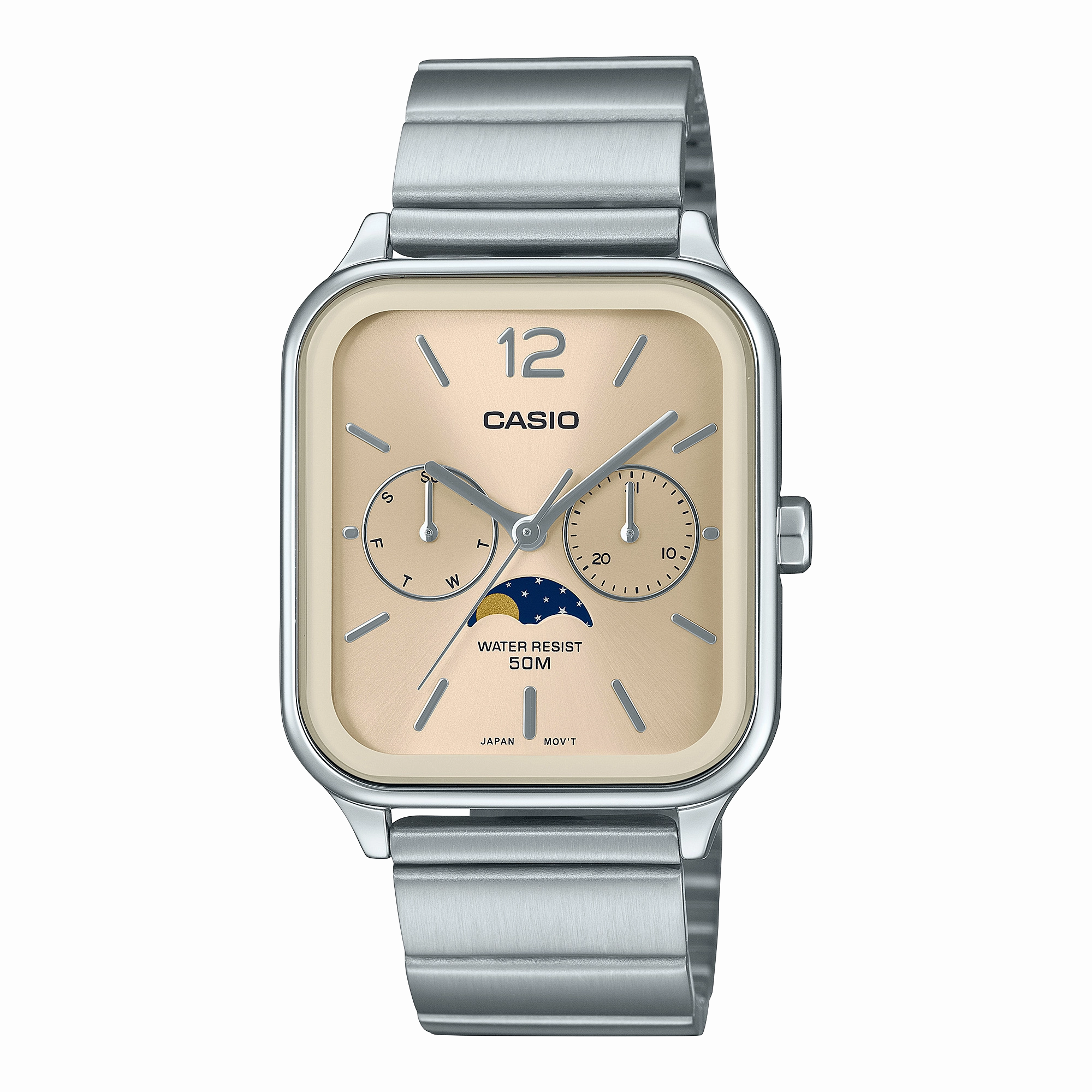 Casio Analogue Moon Phase Gold Dial Stainless Steel Watch MTPM305D-9A