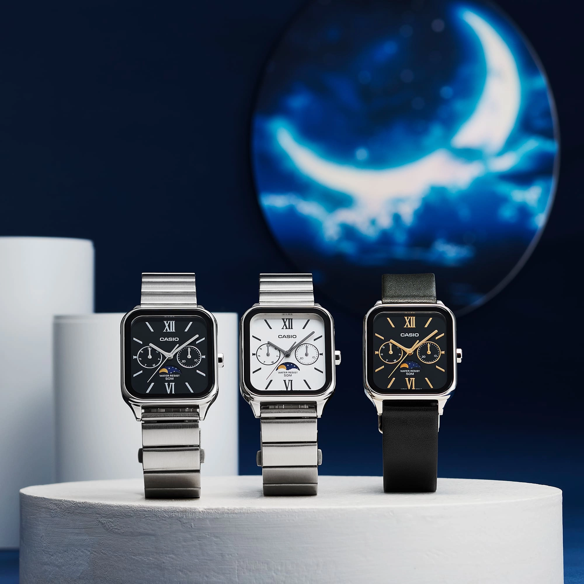 Casio Analogue Moon Phase White and Black Dial Stainless Steel Watch MTPM305D-7A2