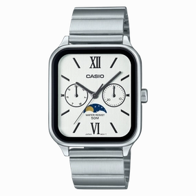 Casio Analogue Moon Phase White and Black Dial Stainless Steel Watch MTPM305D-7A2