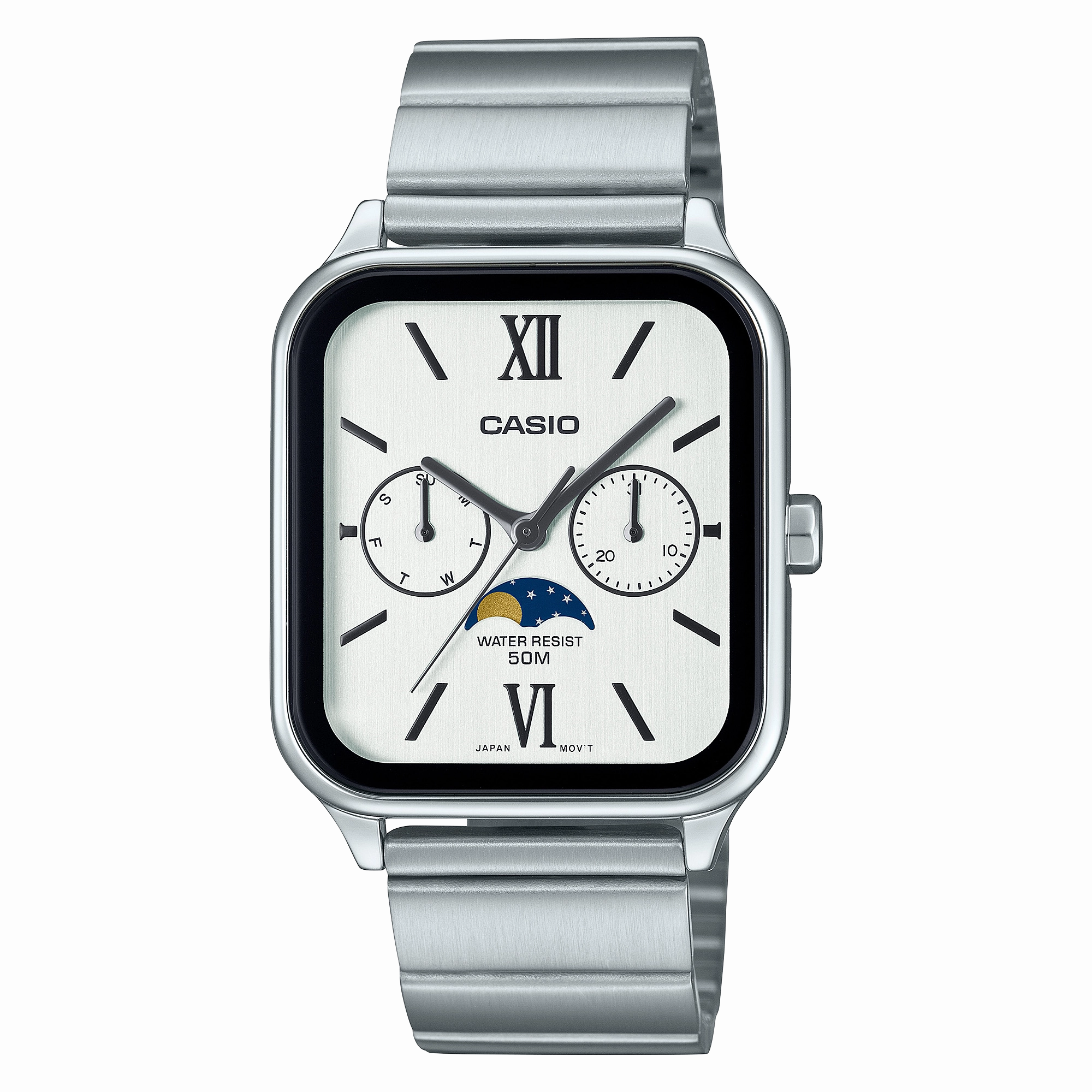 Casio Analogue Moon Phase White and Black Dial Stainless Steel Watch MTPM305D-7A2