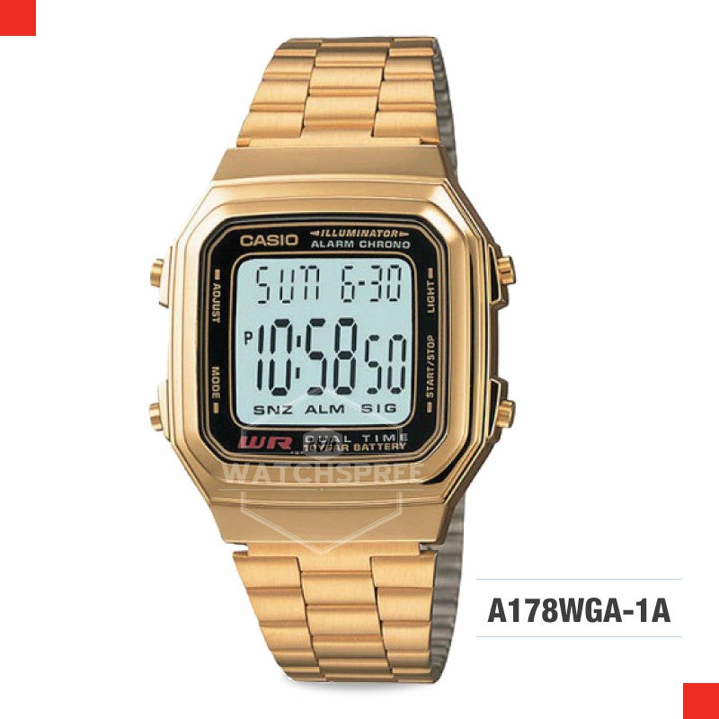 Casio Standard Digital Gold Stainless Steel Strap Watch A178WGA-1A