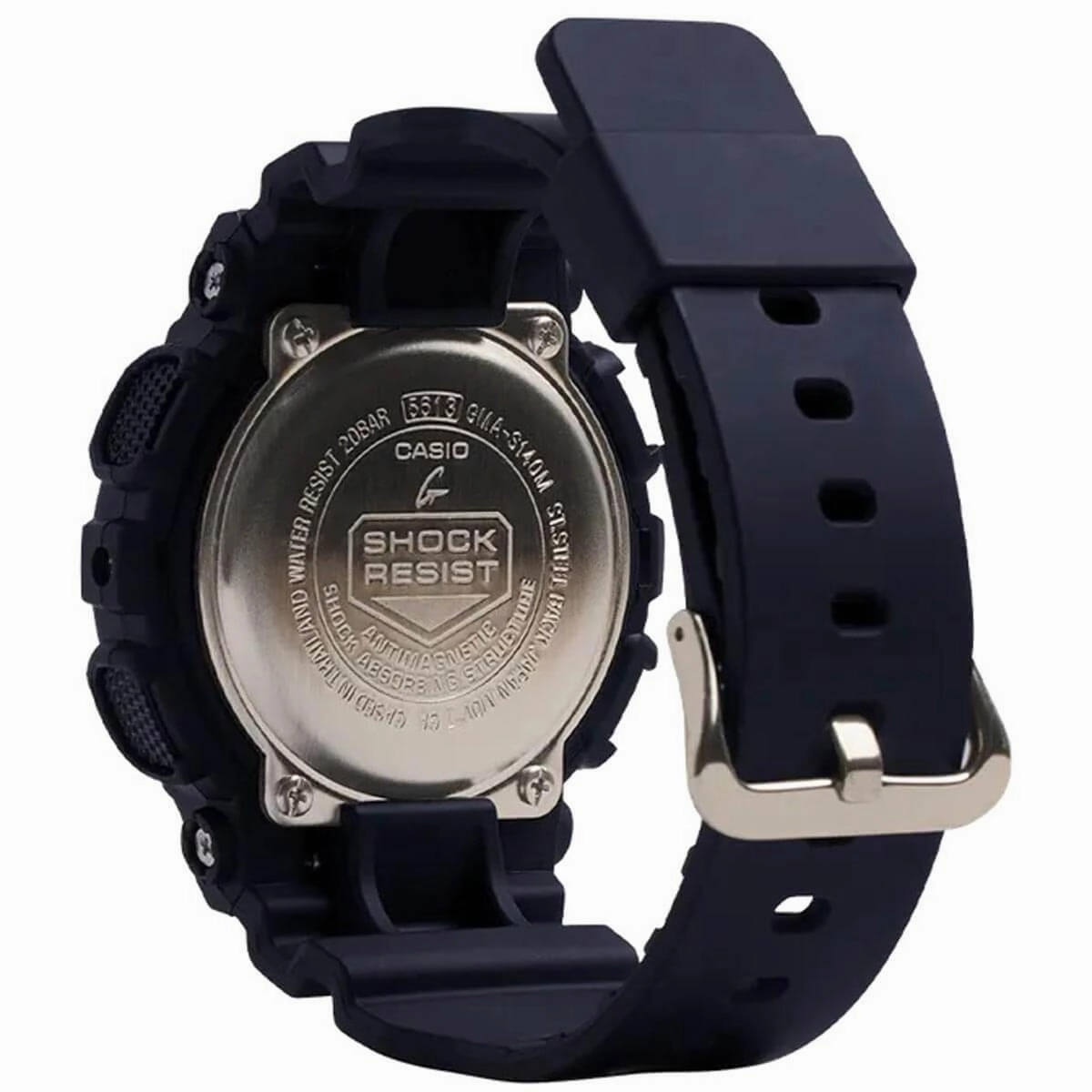 Casio Women's Alarm Watch - G-Shock Black and Gold Tone Dial Resin Strap | GMAS140M-1A