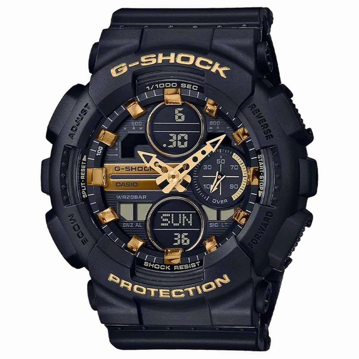 Casio Women's Alarm Watch - G-Shock Black and Gold Tone Dial Resin Strap | GMAS140M-1A