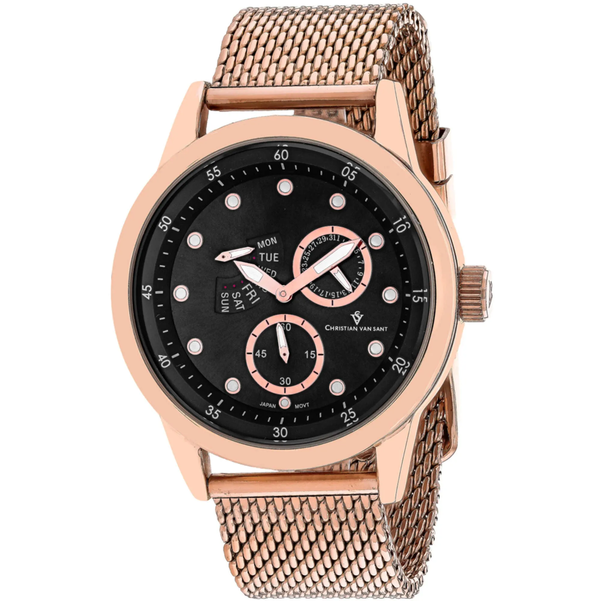 Christian Van Sant Men's Watch - Rio Quartz Black Dial Rose Gold Bracelet | CV8714