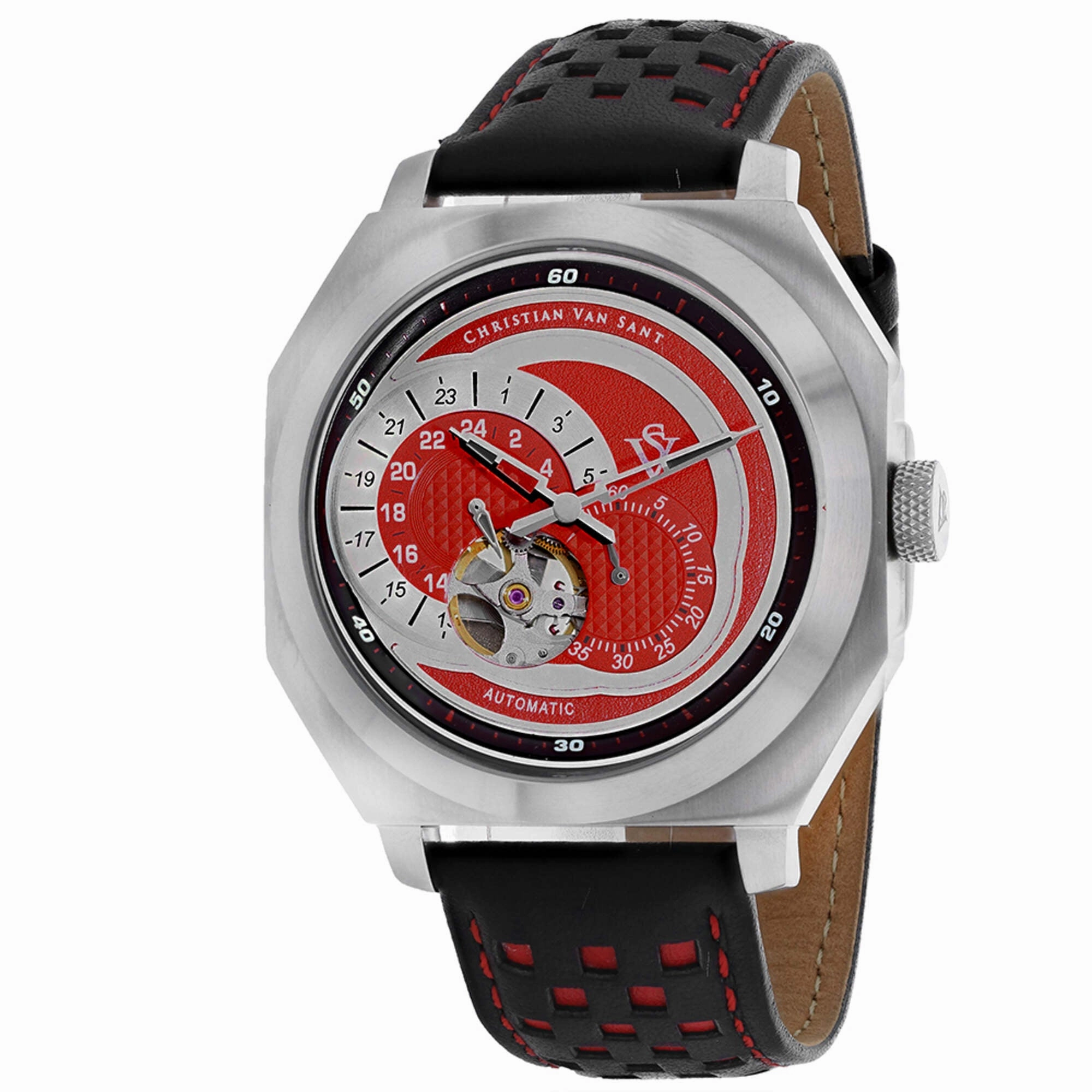 Christian Van Sant Men's Watch - Machina Automatic Red Dial Leather Strap | CV0561