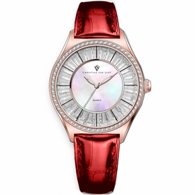 Christian Van Sant Women's Watch - Luna Quartz Mop Dial Red Leather Strap | CV3208