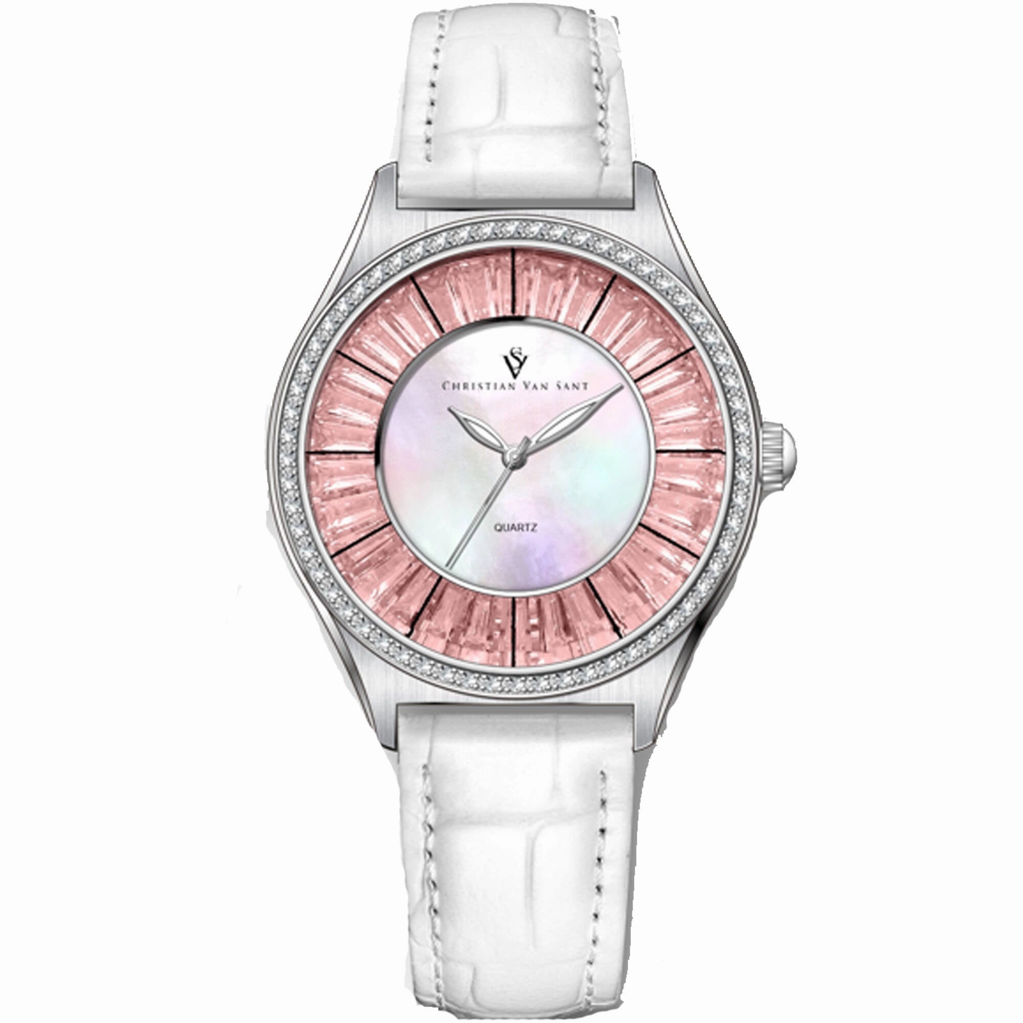Christian Van Sant Women's Watch - Luna Quartz Mop Dial White Leather Strap | CV3201