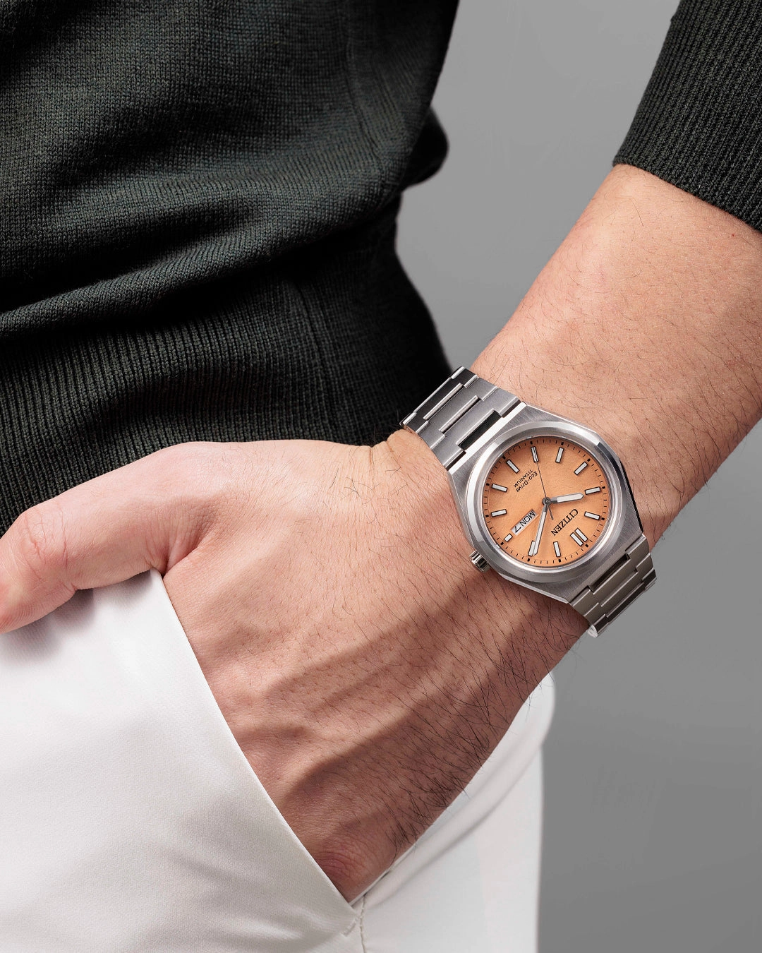Citizen Eco-Drive Zenshin Three-hand Orange Dial Stainless Steel Watch AW0130-85Z