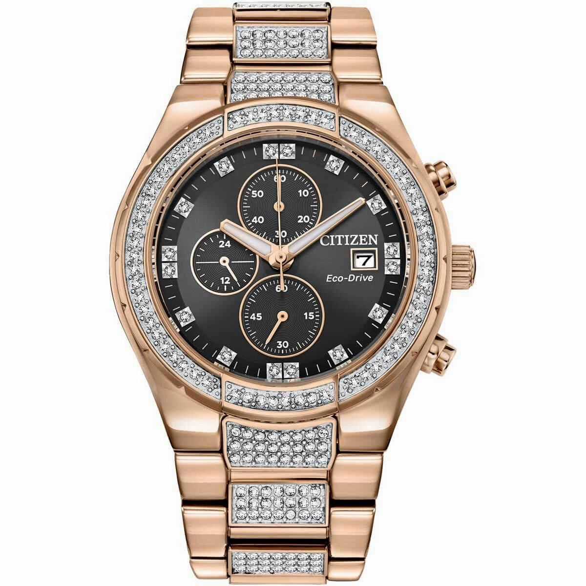 Citizen Men's Chronograph Watch - Crystal Black Dial Rose Gold Bracelet | CA0753-55E