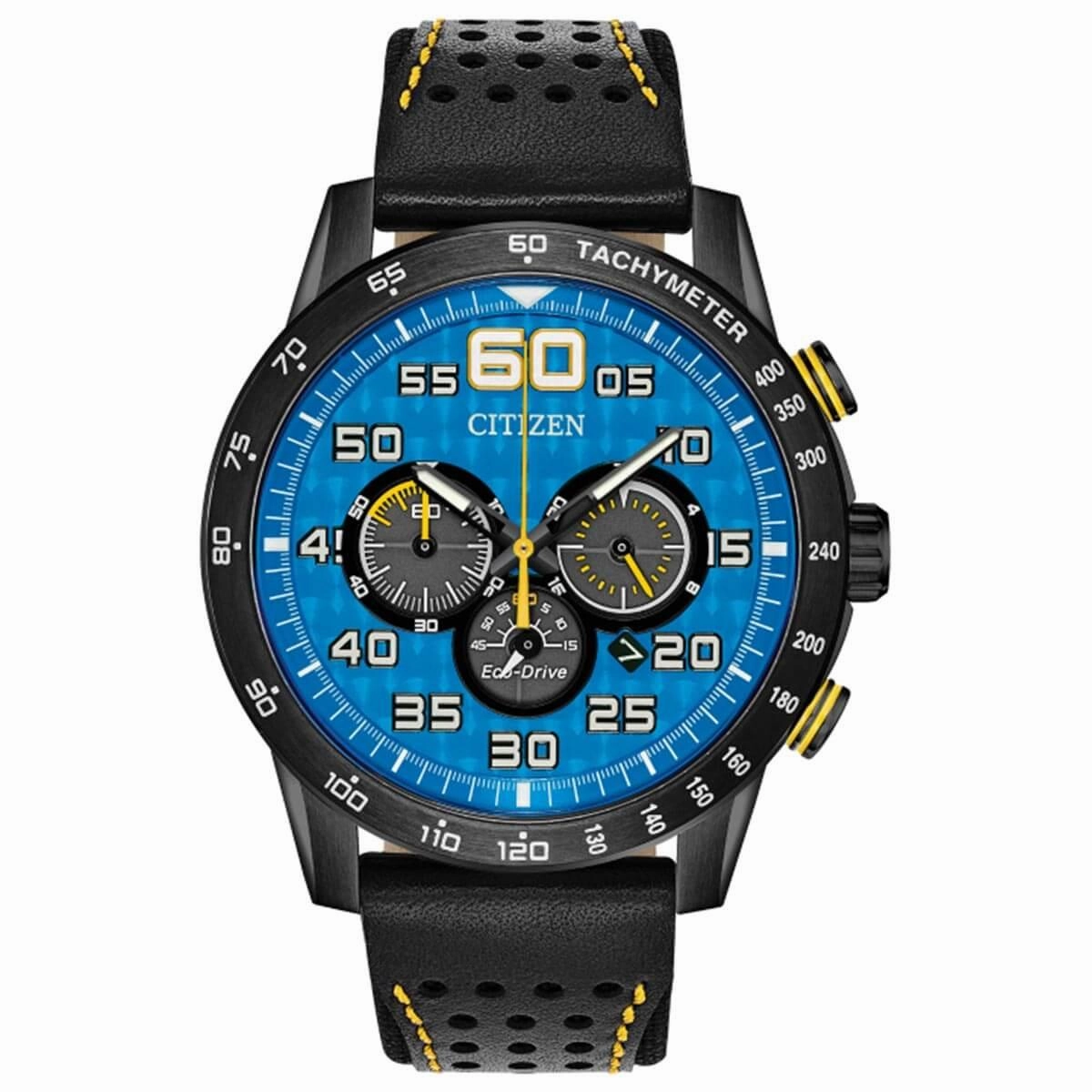 Citizen Men's Eco Drive Watch - Primo Chronograph Black and Yellow Strap | CA4435-08L
