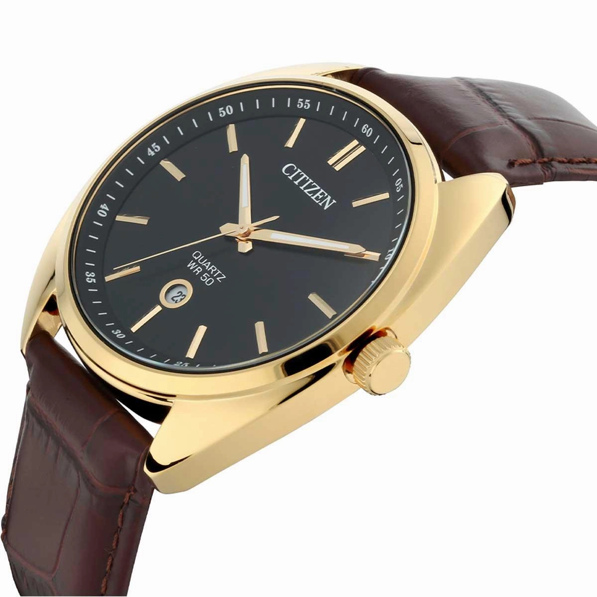 Citizen Men's Watch - Japanese Quartz Black Dial Brown Leather Strap | BI5092-03E