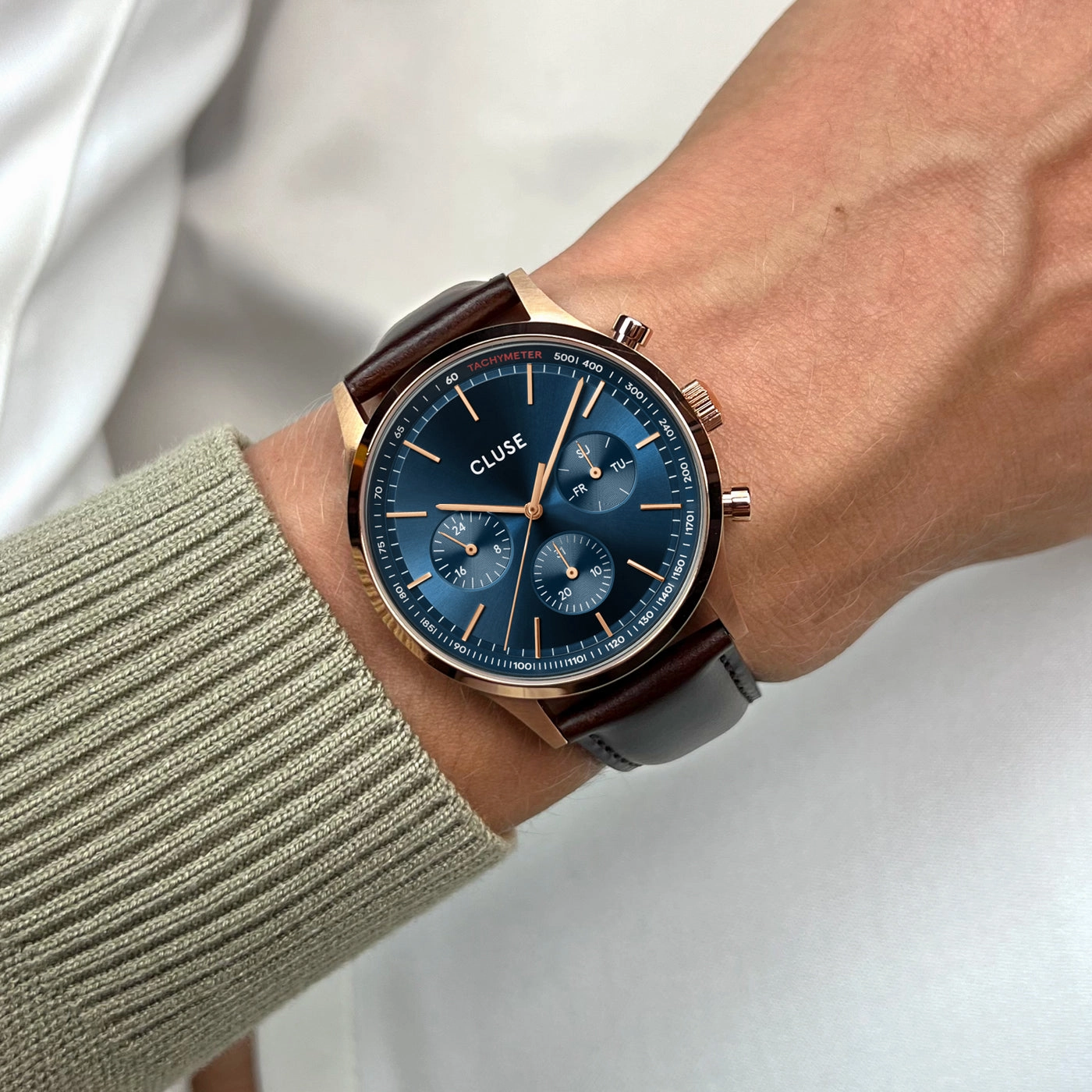 CLUSE Antheor Multifunction Blue Leather Rose Gold Watch CW21009