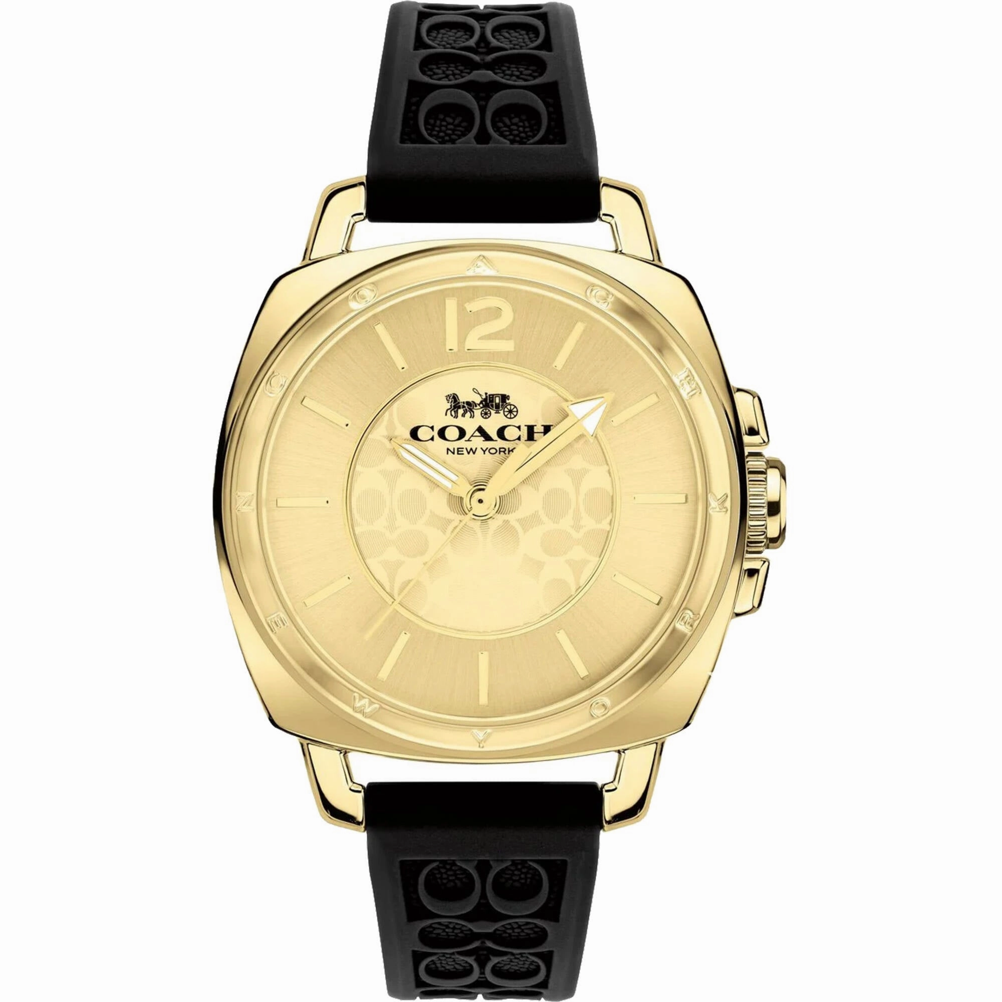 Coach Women's Watch - Boyfriend Quartz Gold Tone Dial Black Rubber Strap | 14503980