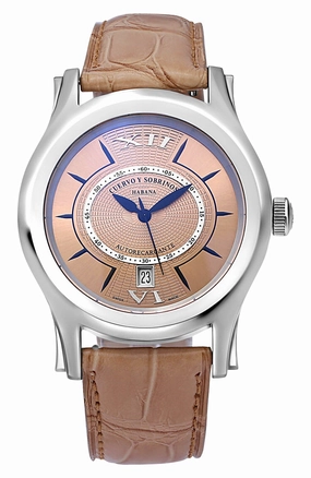 Cuervo y Sobrinos Robusto Solo Tiempo Automatic Stainless Steel Pink Dial Brown Leather Strap Date Mens Watch 2802.1R