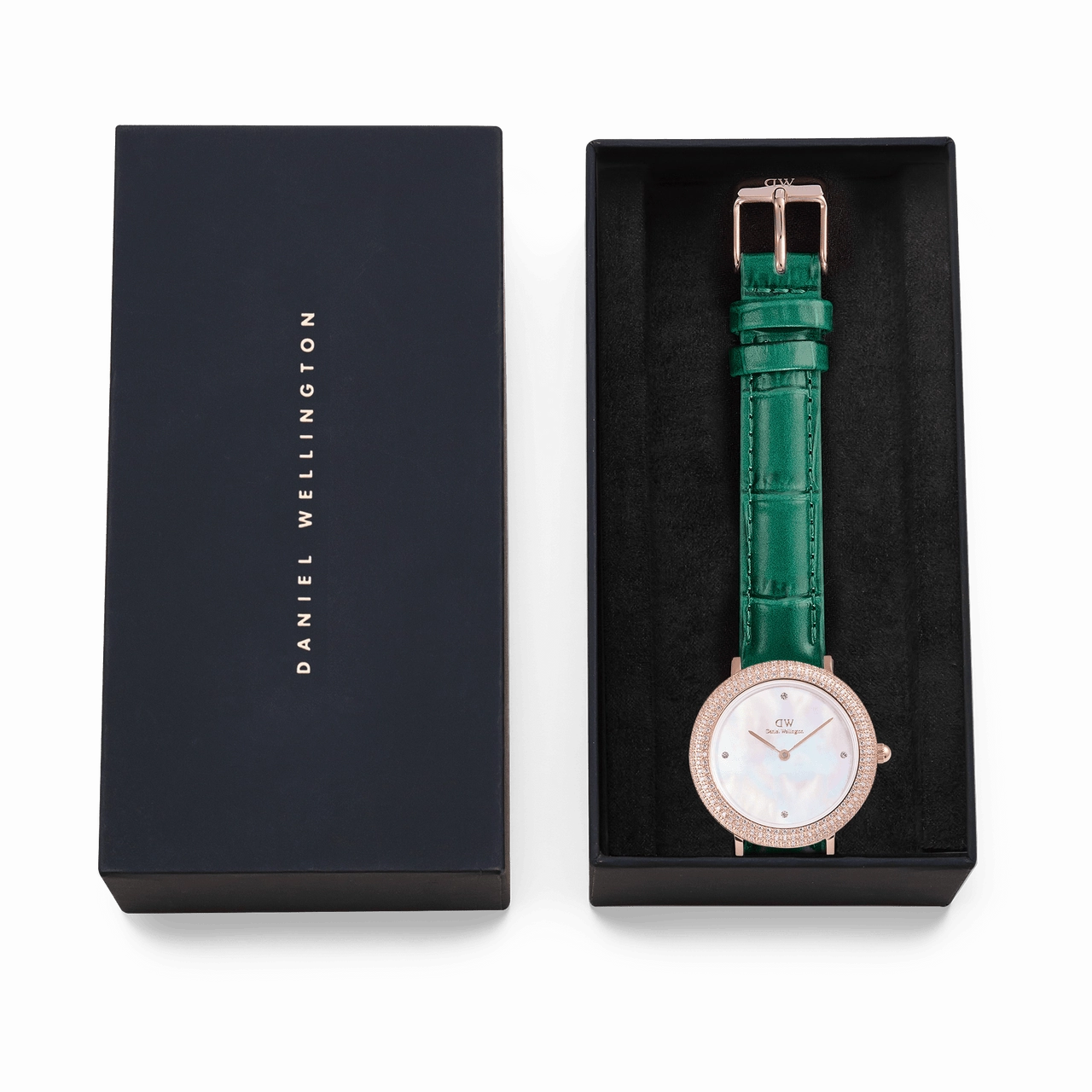 Daniel Wellington Crystalline Bezel Green Croc Rose Gold White Dial Watch DW00100826