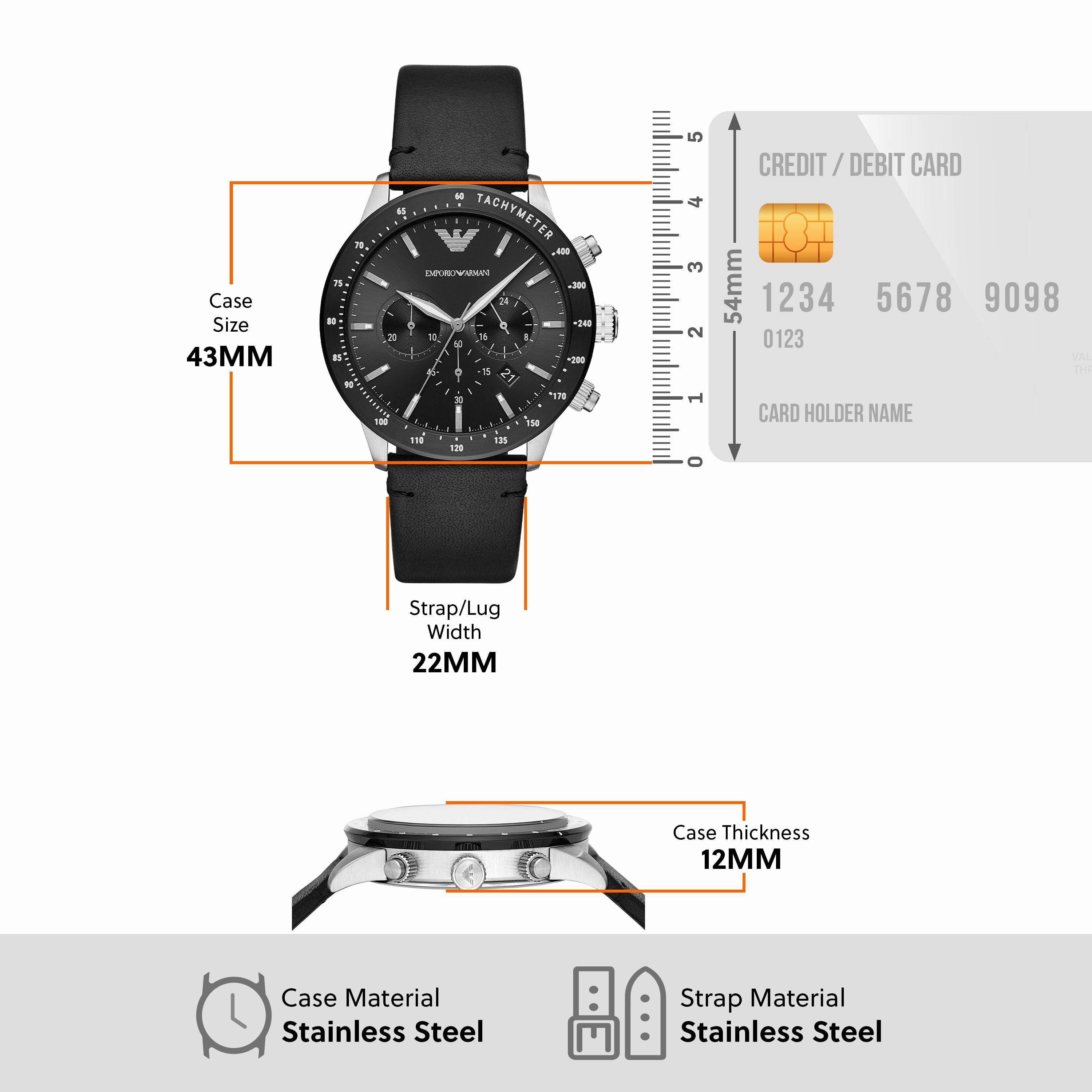 Emporio Armani Black Chronograph Stainless Steel Leather Band Watch AR11243