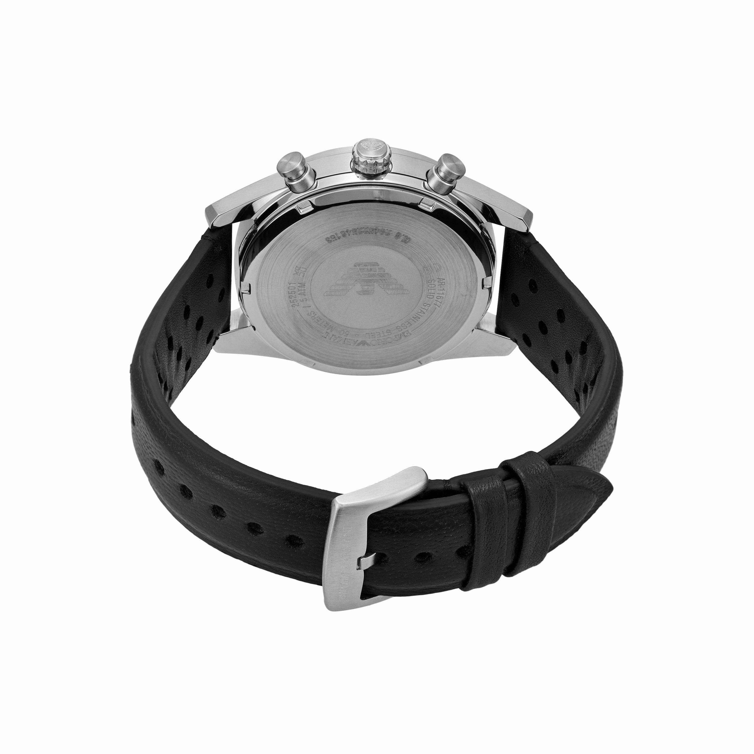 Emporio Armani Chronograph Silver Dial Black Leather Strap Watch AR11677