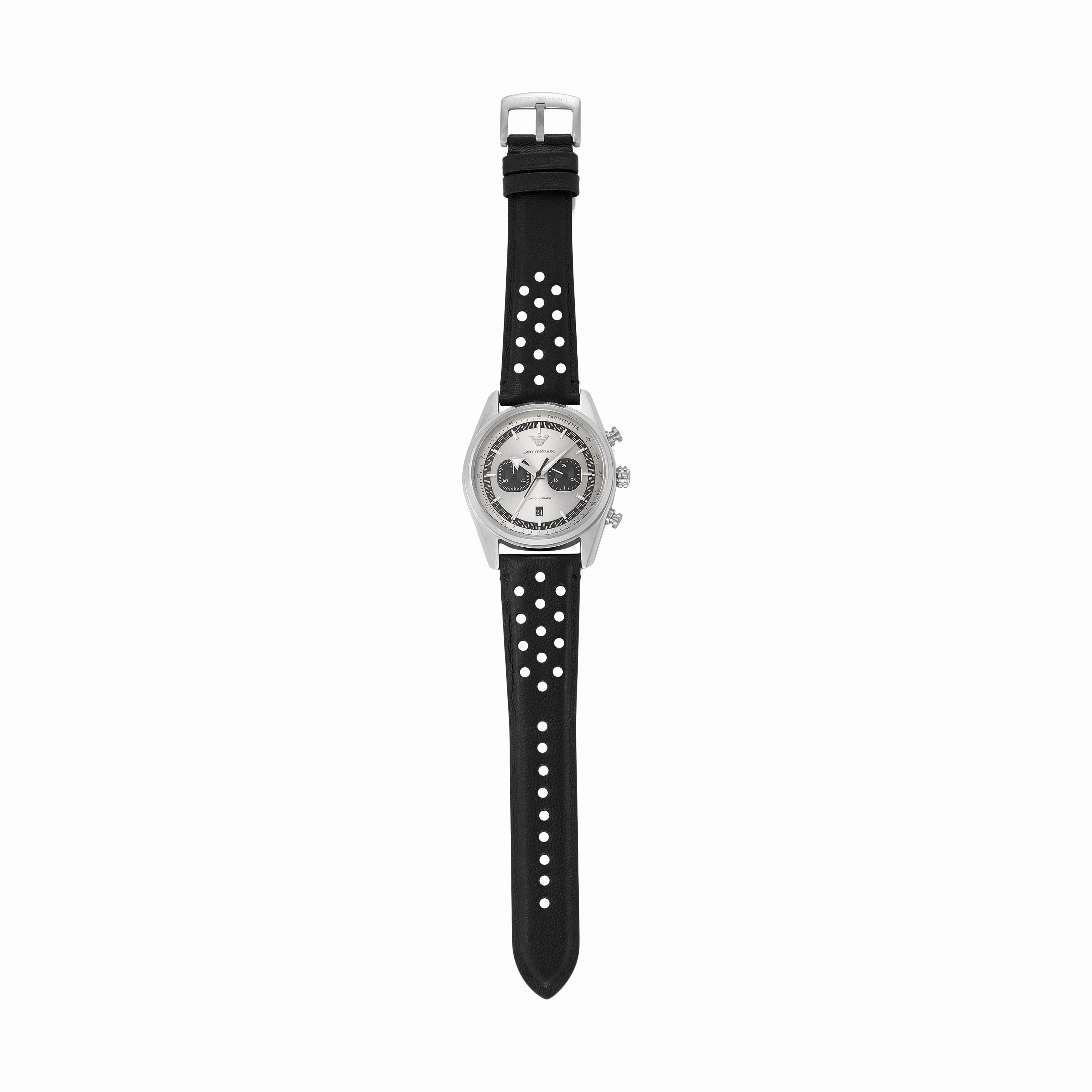 Emporio Armani Chronograph Silver Dial Black Leather Strap Watch AR11677