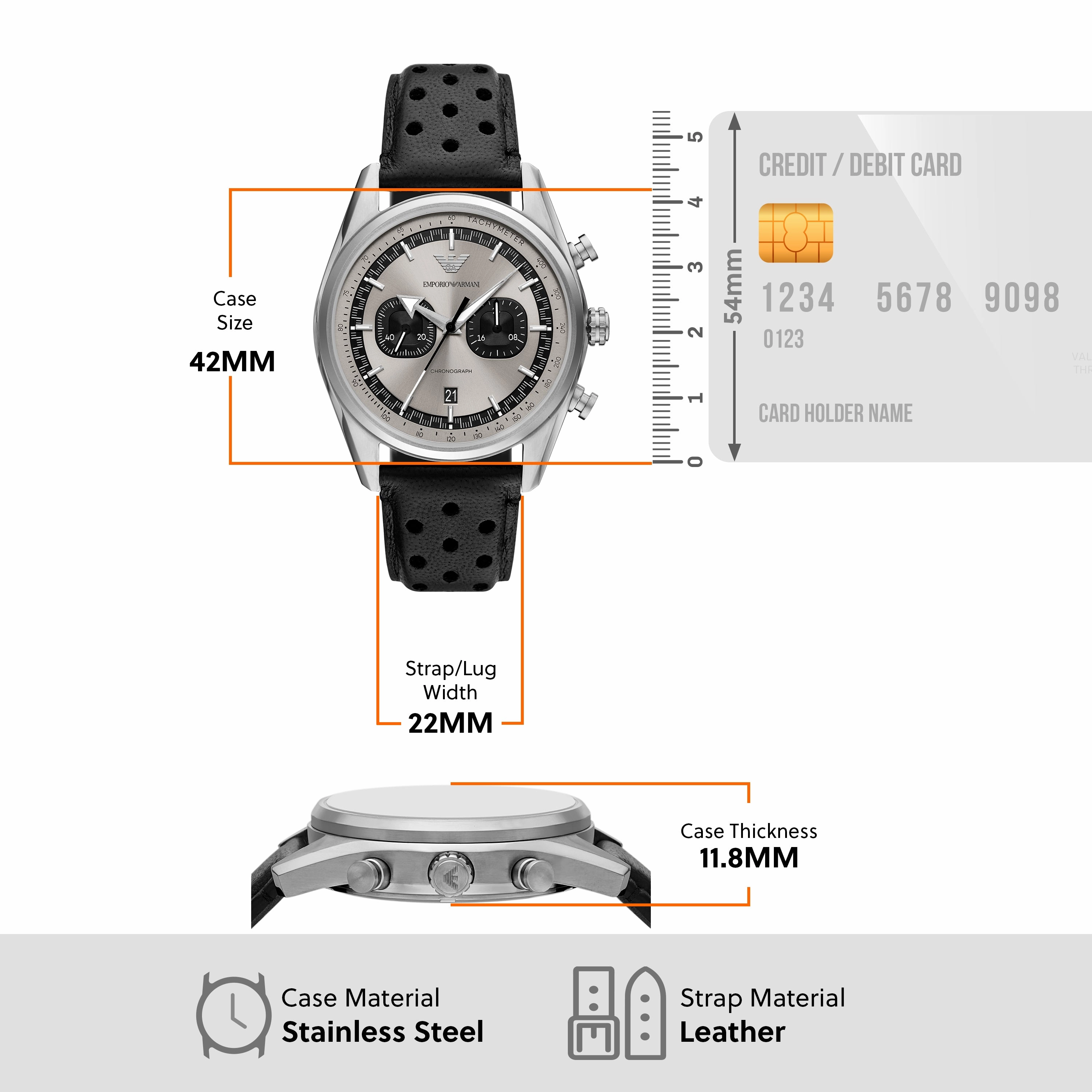 Emporio Armani Chronograph Silver Dial Black Leather Strap Watch AR11677