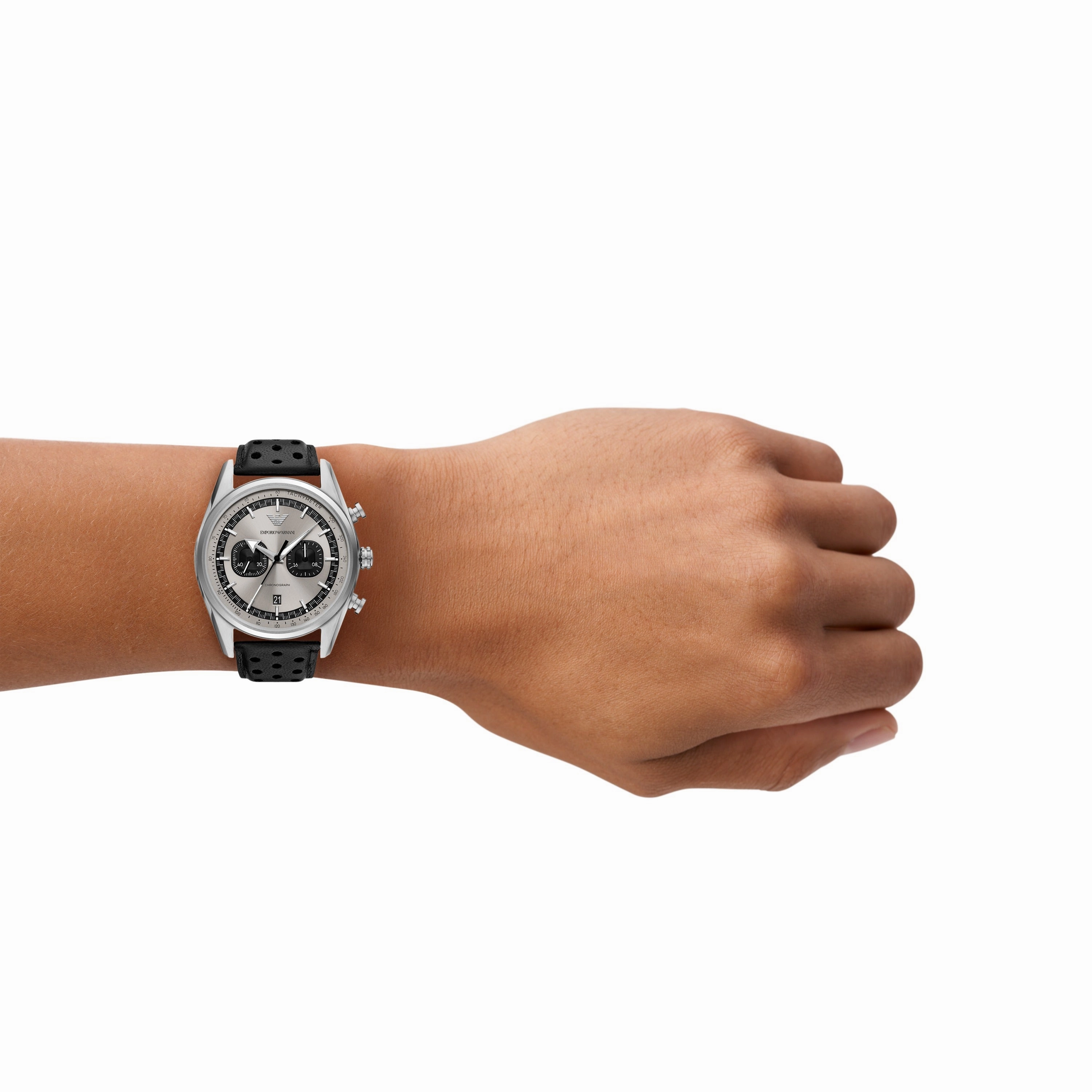 Emporio Armani Chronograph Silver Dial Black Leather Strap Watch AR11677