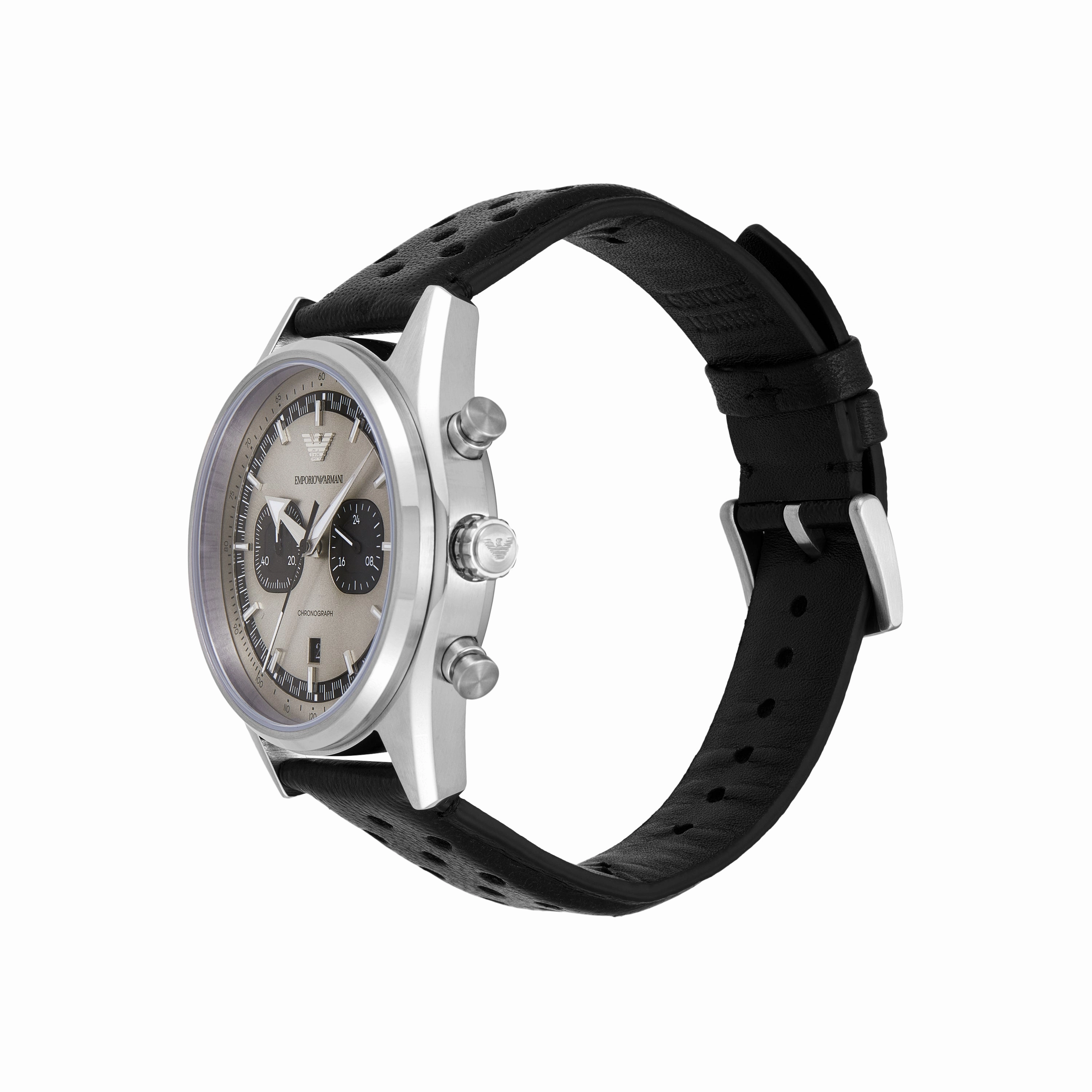 Emporio Armani Chronograph Silver Dial Black Leather Strap Watch AR11677