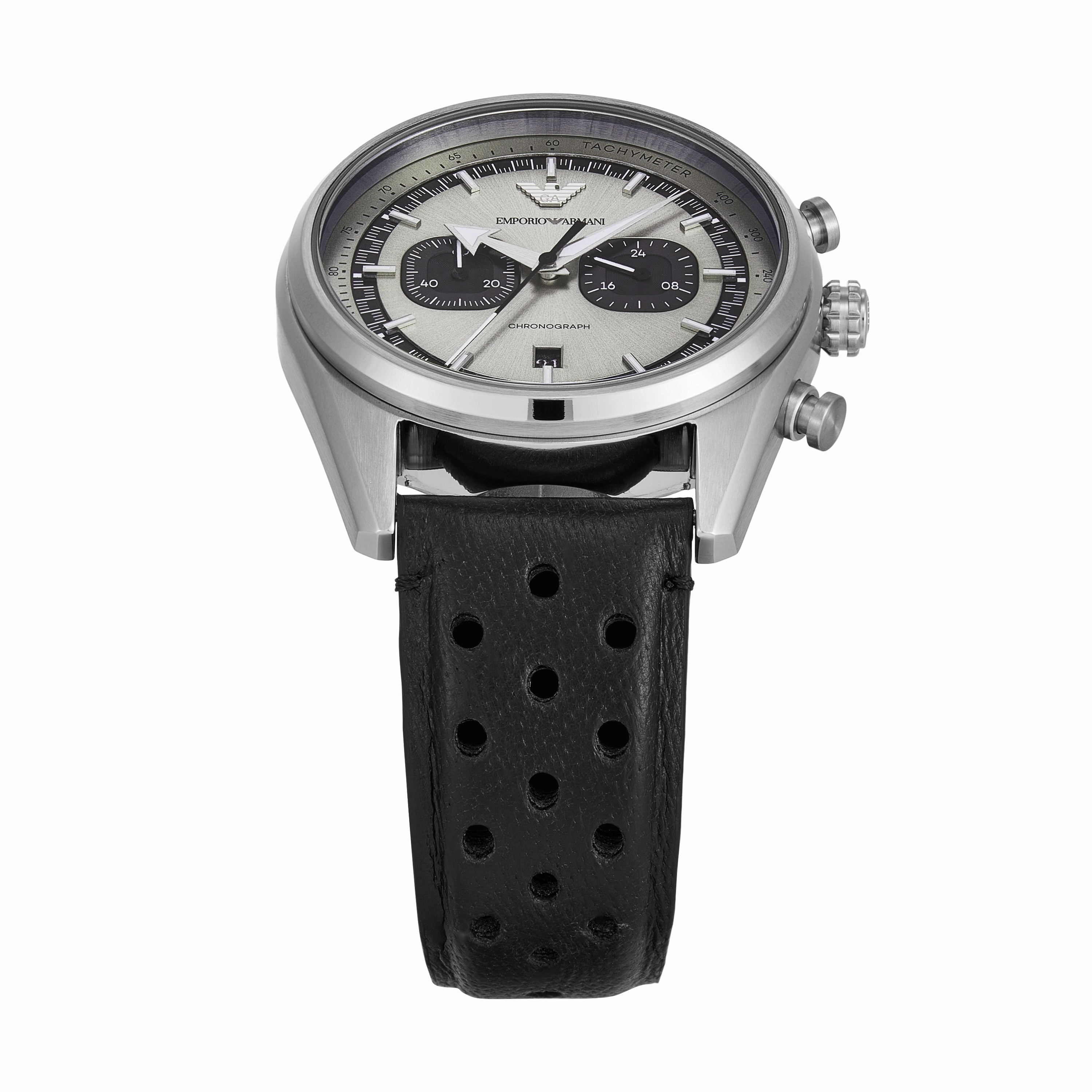 Emporio Armani Chronograph Silver Dial Black Leather Strap Watch AR11677