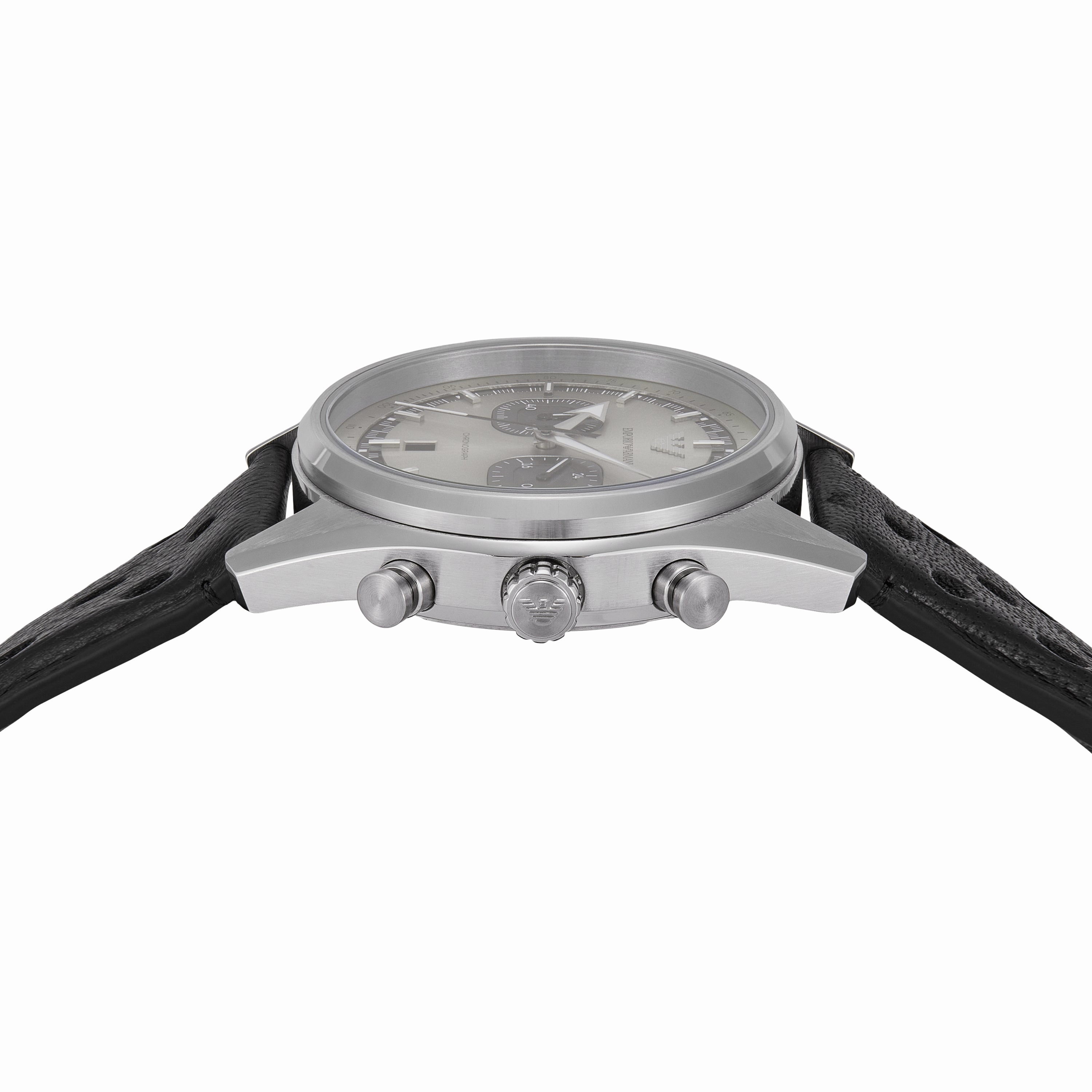 Emporio Armani Chronograph Silver Dial Black Leather Strap Watch AR11677
