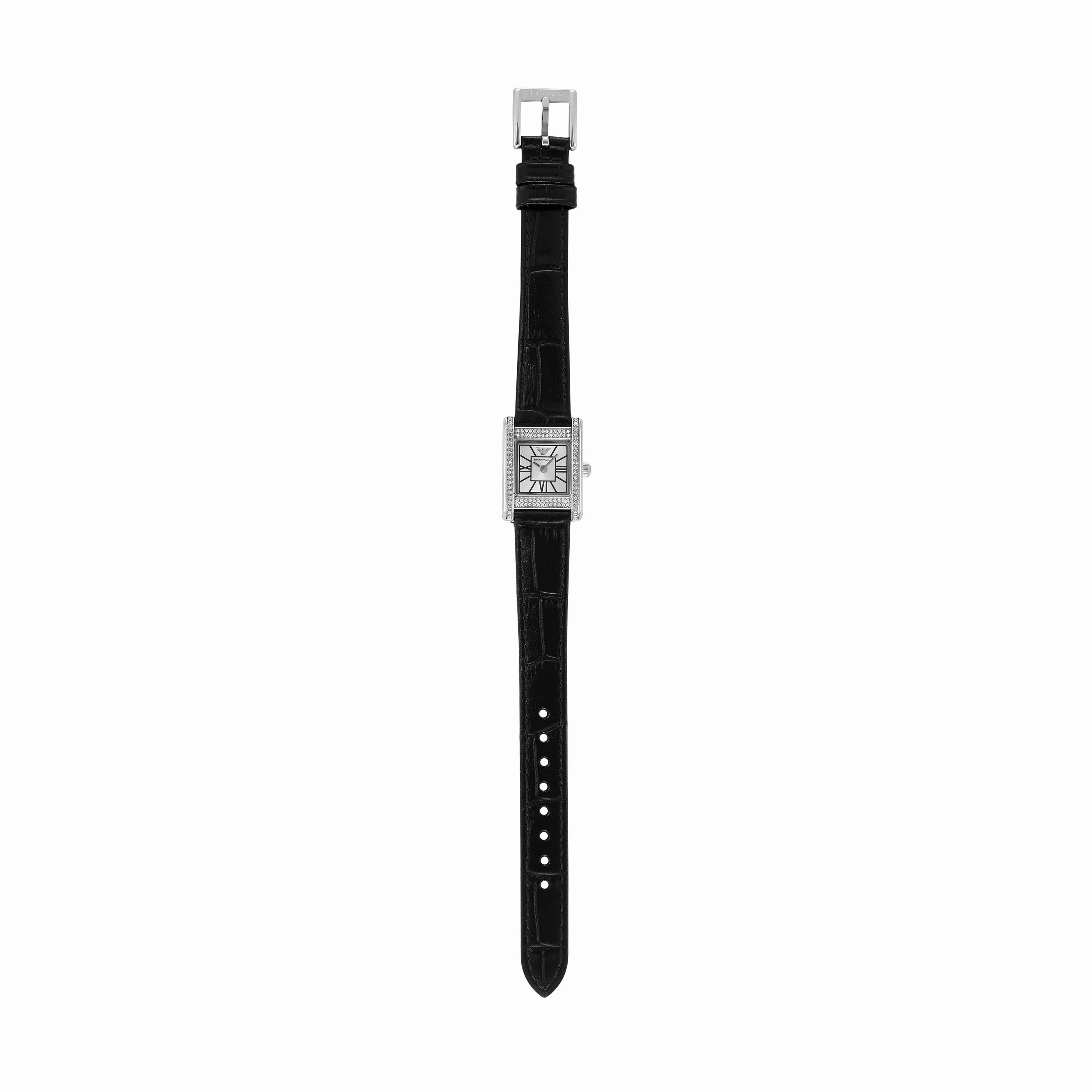 Emporio Armani Two-Hand Silver Dial Black Leather Strap Watch AR11660
