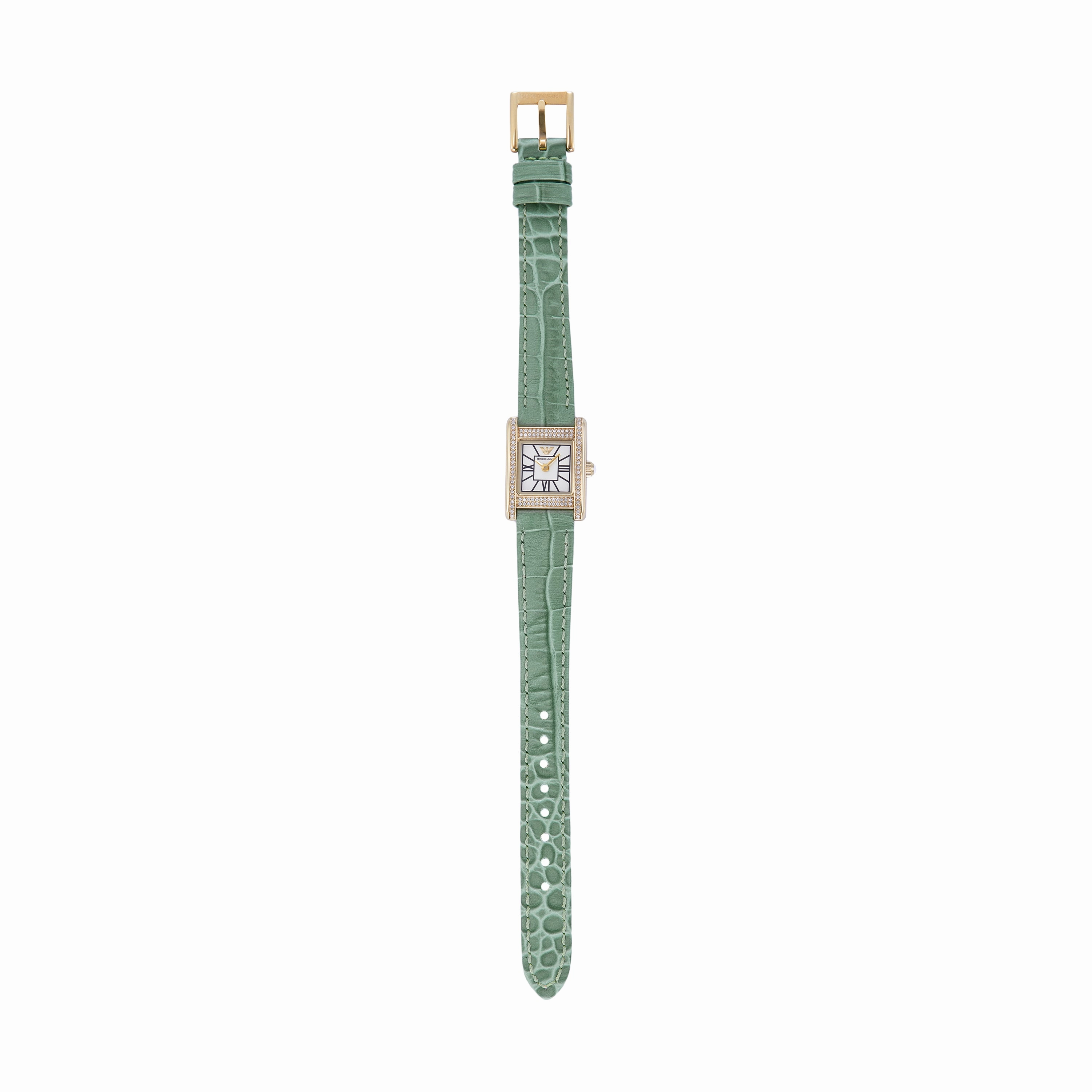 Emporio Armani Two-Hand White Dial Green Leather Strap Watch AR11661