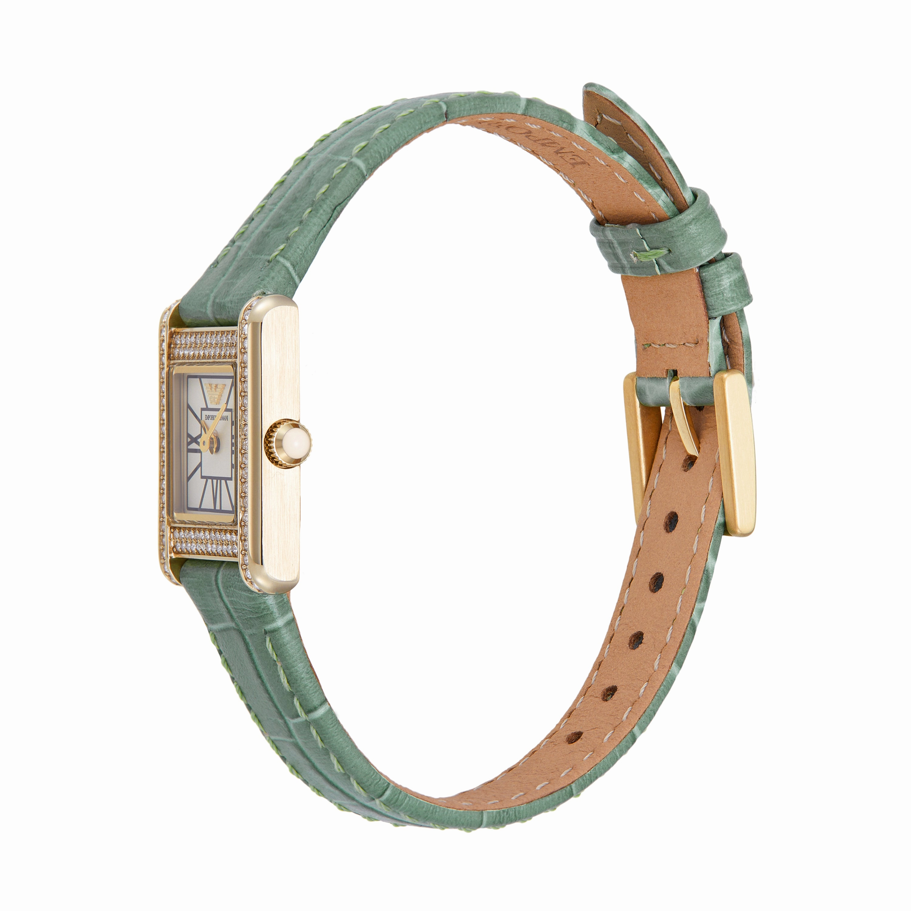 Emporio Armani Two-Hand White Dial Green Leather Strap Watch AR11661