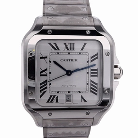 Estate Cartier Stainless Steel Gents Large Santos De Cartier Silver Roman Dial Brushed Bracelet Automatic With Box and Card