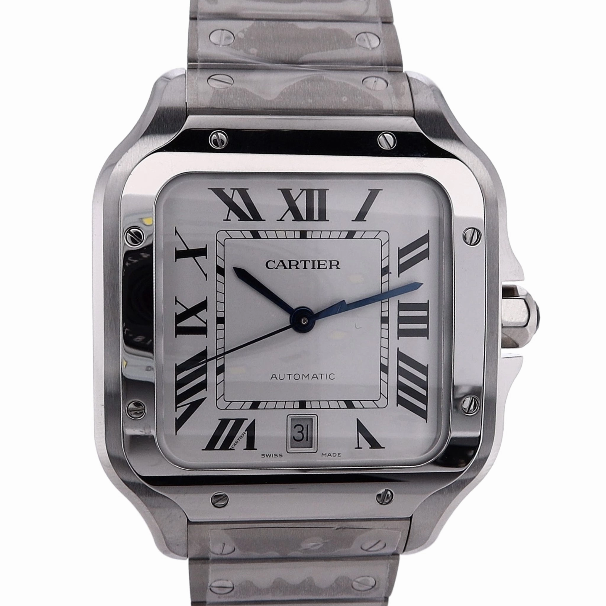 Estate Cartier Stainless Steel Gents Large Santos De Cartier Silver Roman Dial Brushed Bracelet Automatic With Box and Card