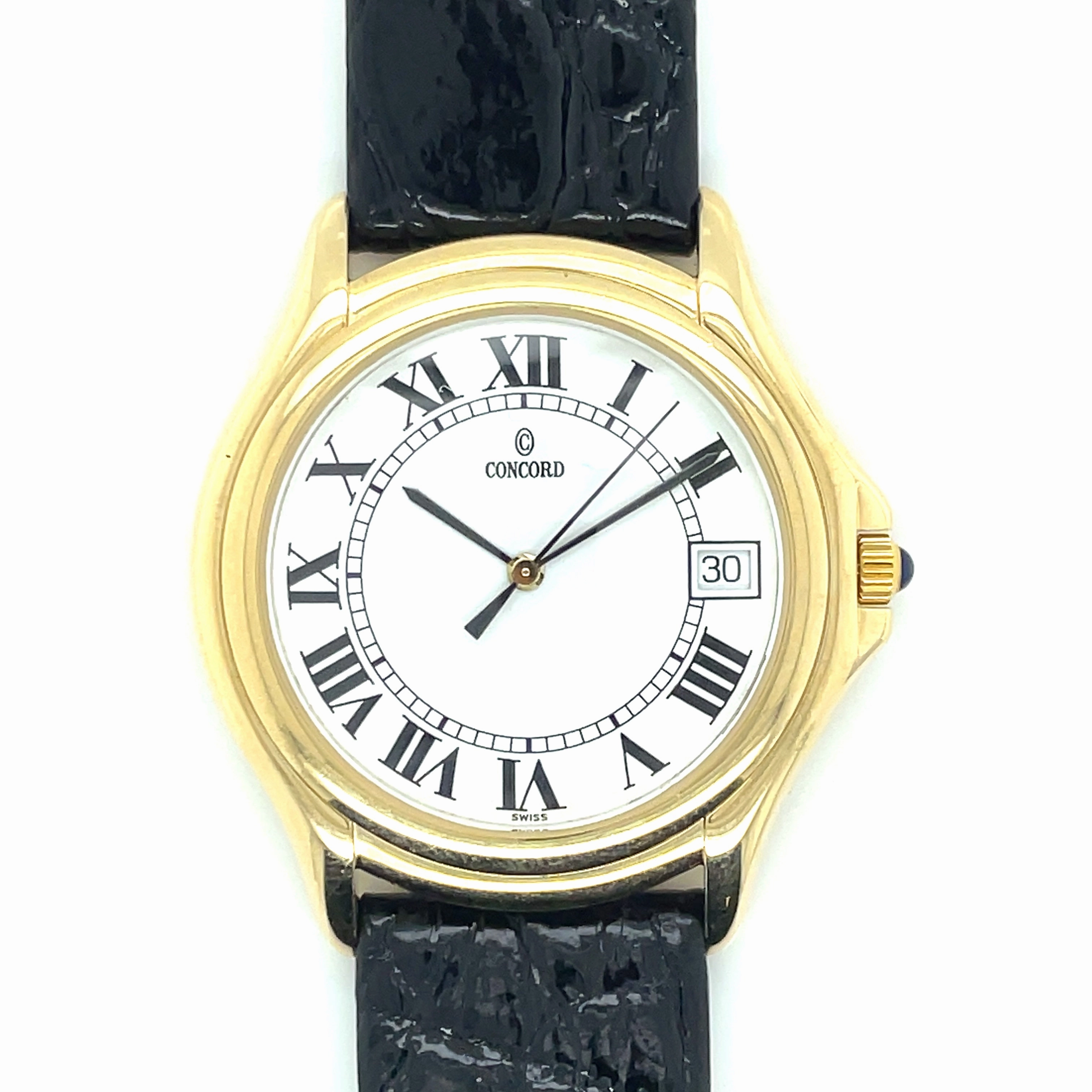 Estate Gents Concord with White Dial in 14k Yellow Gold on Black Crocodile Strap