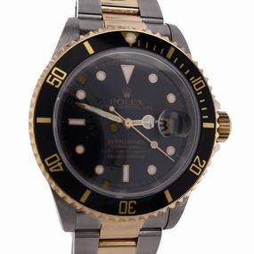 Estate Rolex Stainless Steel and 18 Karat Yellow Gold Oyster Perpetual Date Submariner Black Dial 16613 With Box C.1996