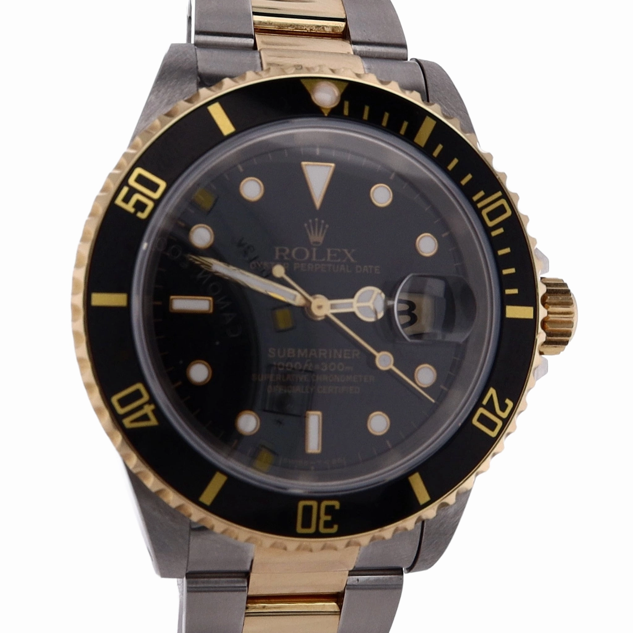 Estate Rolex Stainless Steel and 18 Karat Yellow Gold Oyster Perpetual Date Submariner Black Dial 16613 With Box C.1996