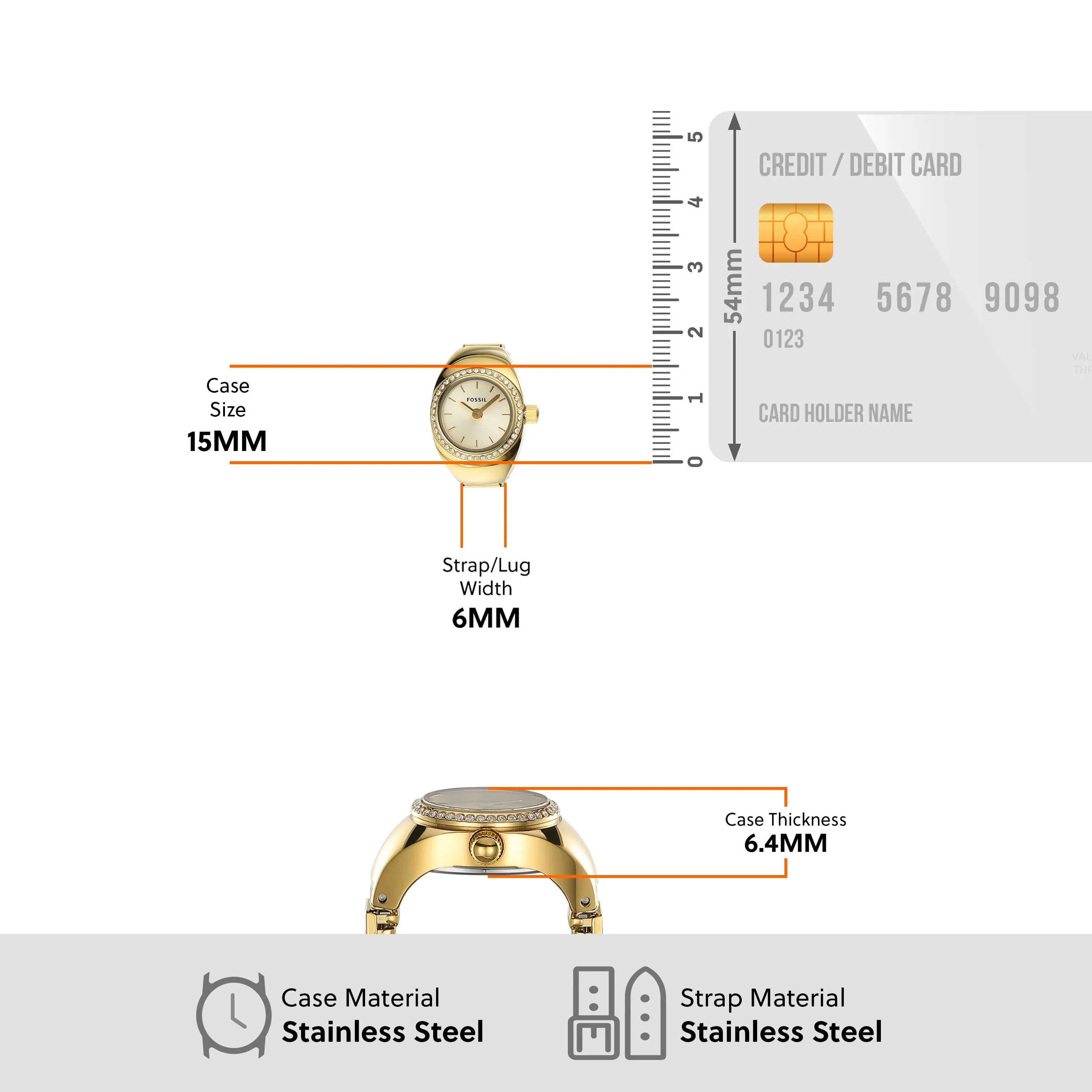 Fossil Gold Crystal-Adorned Two-Hand Movement Ring Watch ES5319