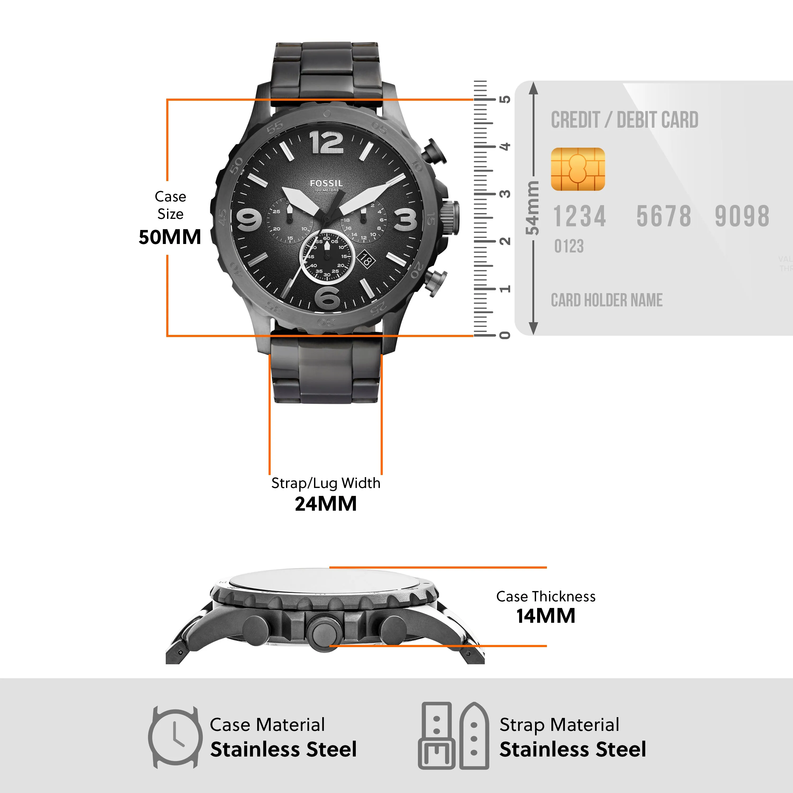 Fossil Nate Military-Inspired Grey Stainless Steel Chronograph Watch JR1437