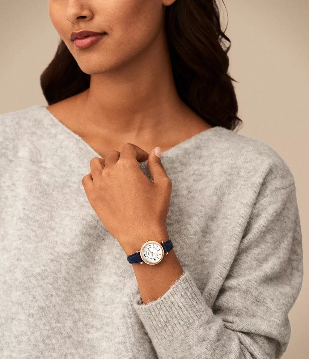Fossil Carlie Three-Hand Navy LiteHide Leather Watch ES5295