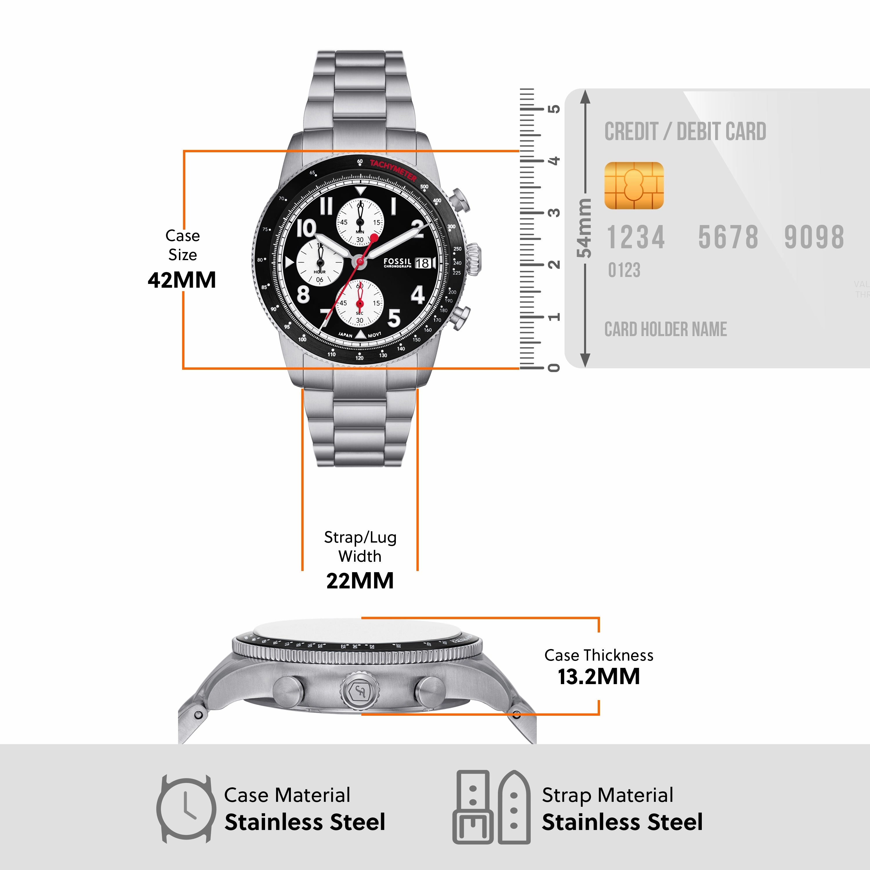 Fossil Sport Tourer Chronograph Black Dial Stainless Steel band Men's Watch FS6045