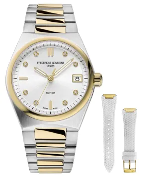 Frederique Constant Highlife Steel & Yellow Gold Plated Silver Dial Diamonds Interchangeable White Rubber Strap Date Quartz Womens Watch FC-240VD2NH3B