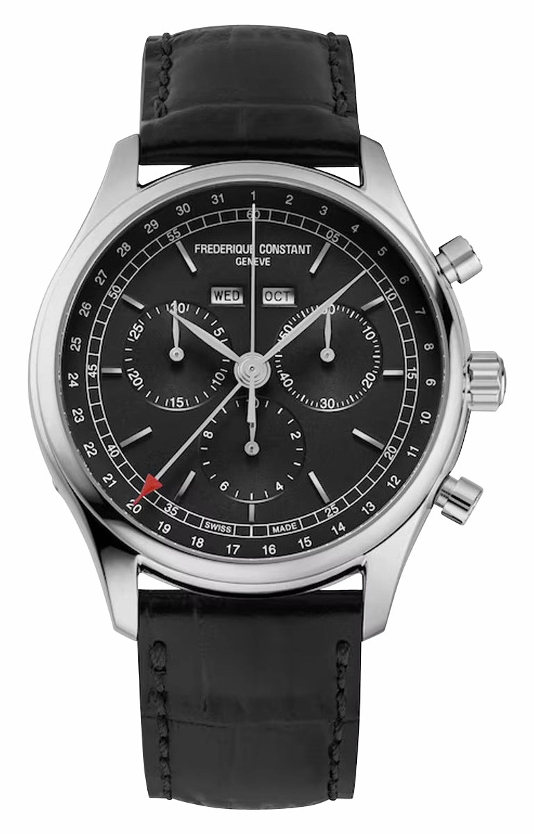 Frederique Constant Classics Chronograph Stainless Steel Gray Dial Black Leather Strap Day/Date/Month Quartz Mens Watch FC-296DG5B6