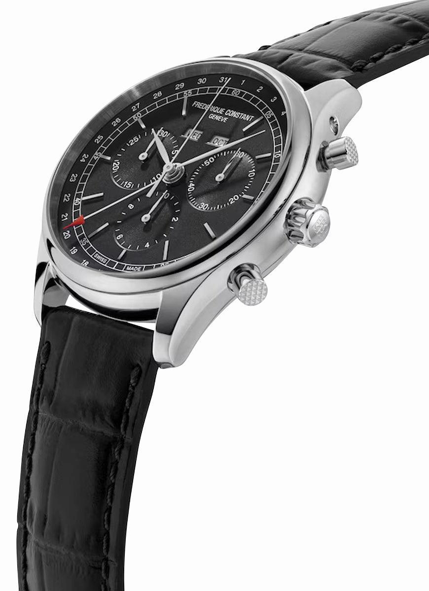 Frederique Constant Classics Chronograph Stainless Steel Gray Dial Black Leather Strap Day/Date/Month Quartz Mens Watch FC-296DG5B6