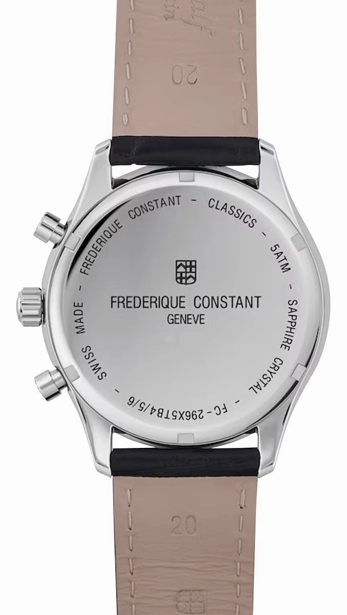 Frederique Constant Classics Chronograph Stainless Steel Gray Dial Black Leather Strap Day/Date/Month Quartz Mens Watch FC-296DG5B6