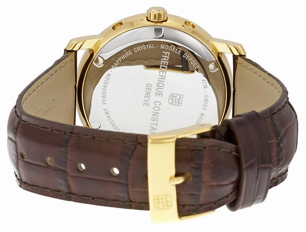 Frederique Constant Persuasion Classics Business Timer Yellow Gold Plated Steel Silver Dial Brown Leather Moonphase Day/Date Quartz Mens Watch FC-270SW4P5
