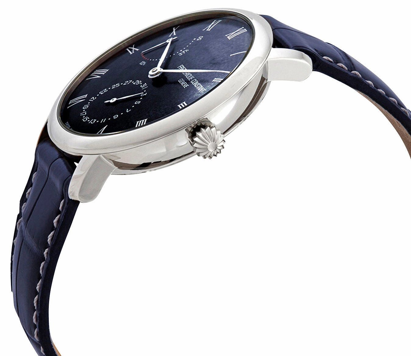 Frederique Constant Slimline Power Reserve Automatic Stainless Steel Blue Dial Blue Leather Strap Date Mens Watch FC-723NR3S6