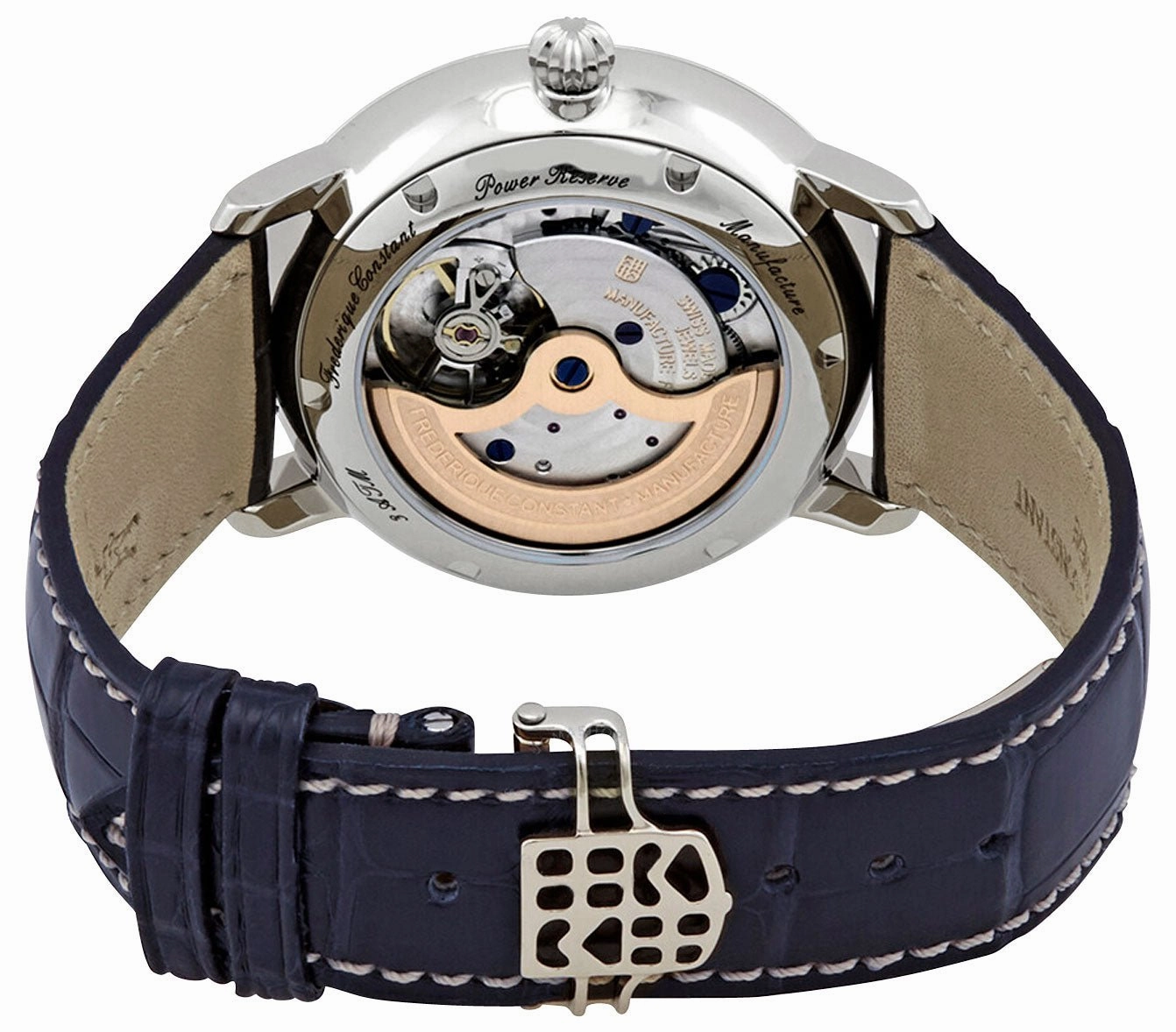 Frederique Constant Slimline Power Reserve Automatic Stainless Steel Blue Dial Blue Leather Strap Date Mens Watch FC-723NR3S6