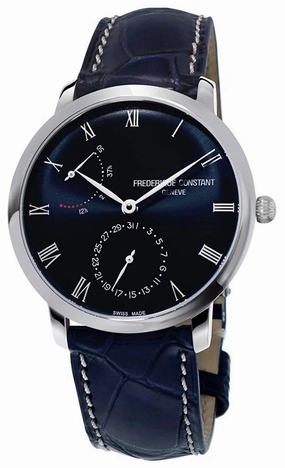 Frederique Constant Slimline Power Reserve Automatic Stainless Steel Blue Dial Blue Leather Strap Date Mens Watch FC-723NR3S6