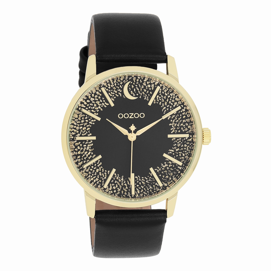 Gold coloured OOZOO watch with black leather strap - C11044
