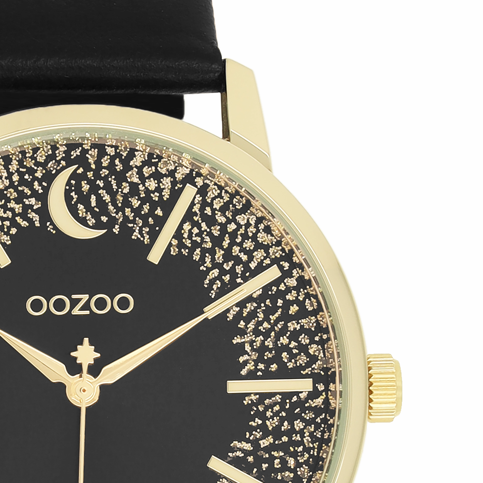 Gold coloured OOZOO watch with black leather strap - C11044